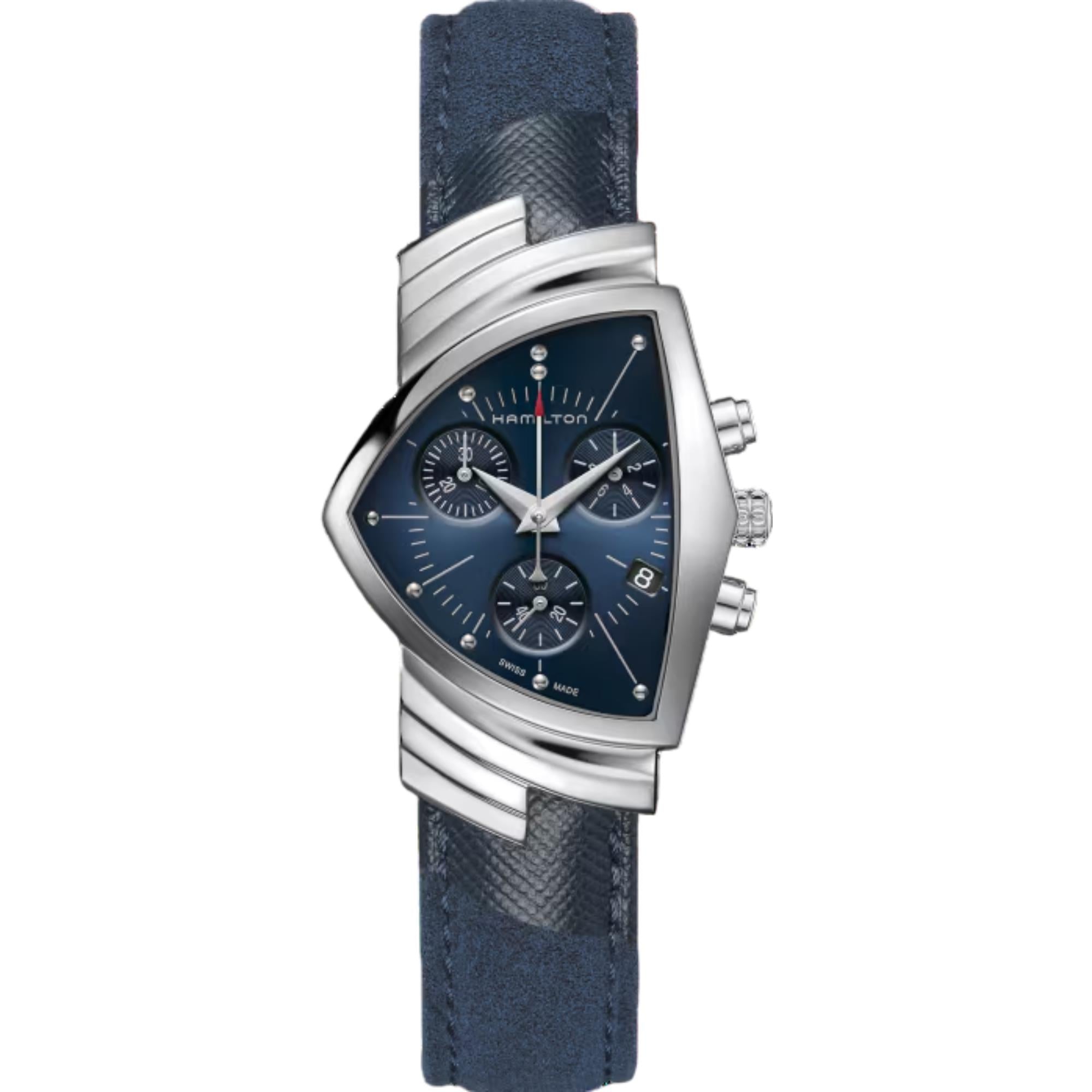 Hamilton Ventura Chronograph with  stainless steel case, blue dial, and matching blue leather strap.
