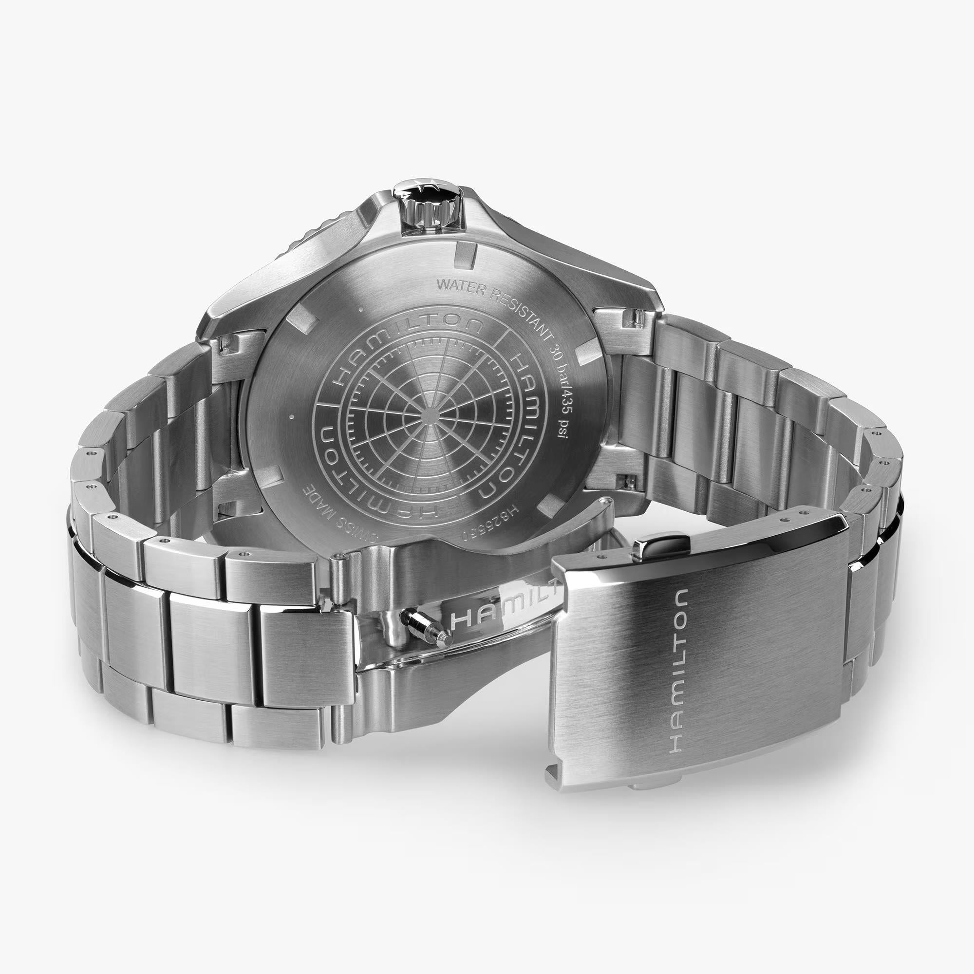 Hamilton Khaki Navy H82555150 stainless steel bracelet and folding clasp detail
