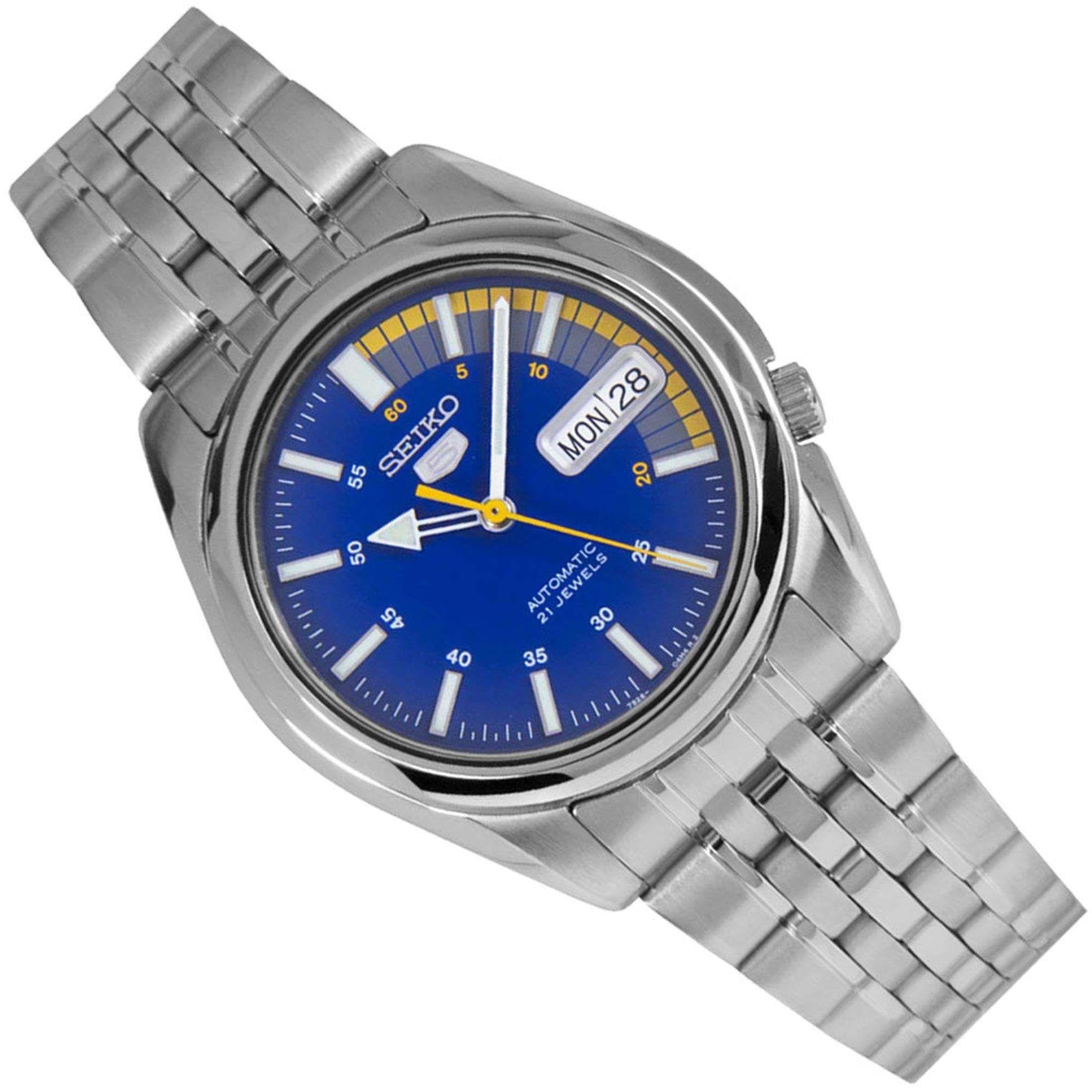 Seiko watch with blue dial and silver metal strap on a white background