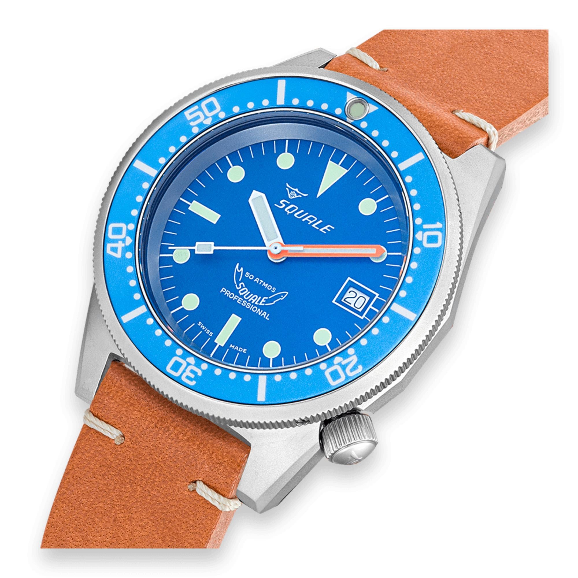 Squale 1521 Blue Blasted Automatic Blue Dial Leather Strap Men's Watch 1521BLUEBL.PC