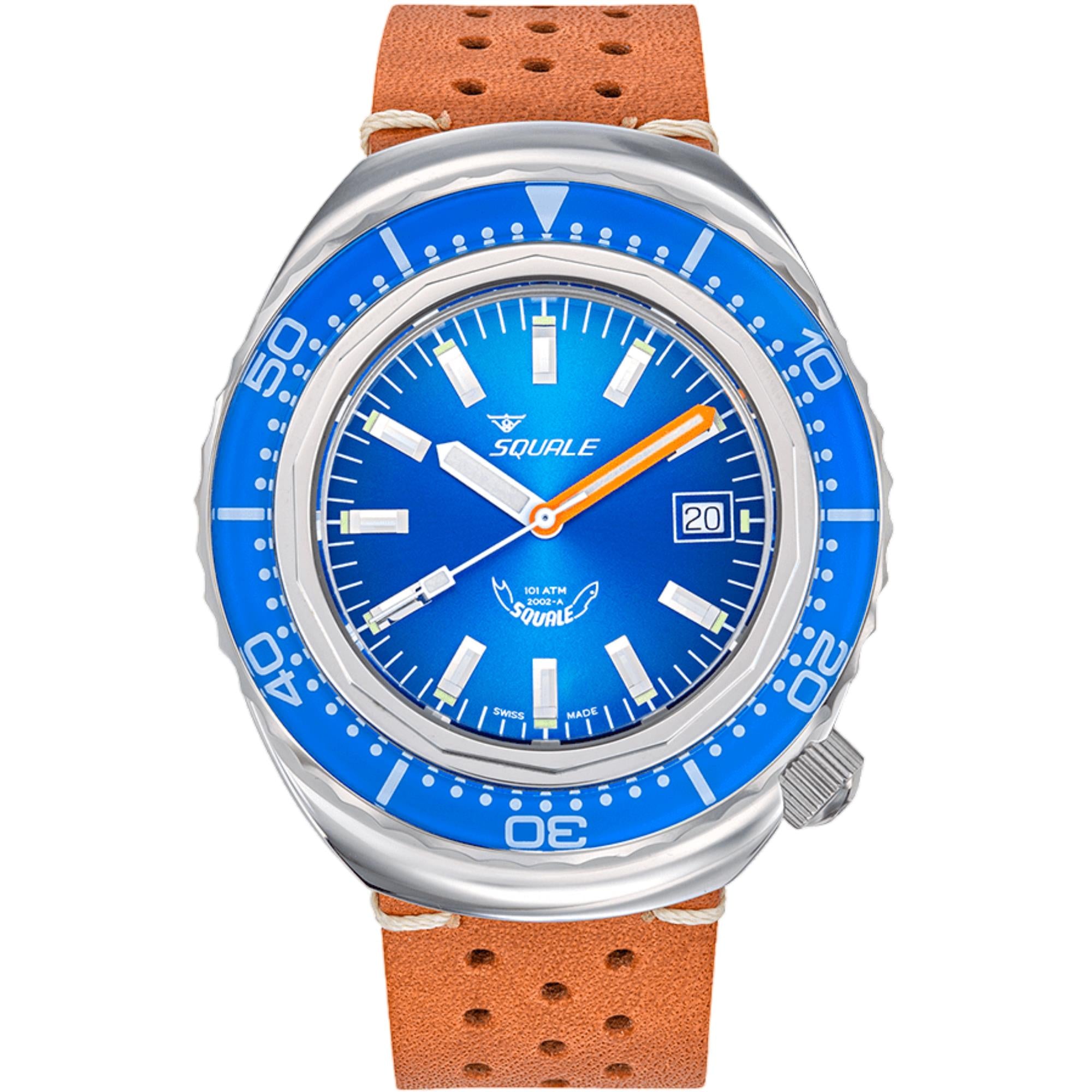 Squale 2002 Automatik Blauer Zifferblatt Lederband Herren Uhr 2002.SS.BL.BL.PTC