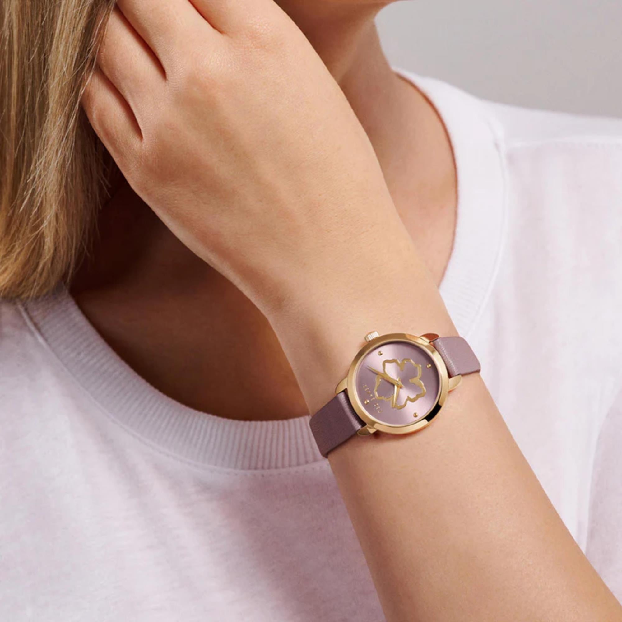 Ted Baker Fleure Quartz Lila Zifferblatt Lederarmband Damen Uhr BKPFLS303