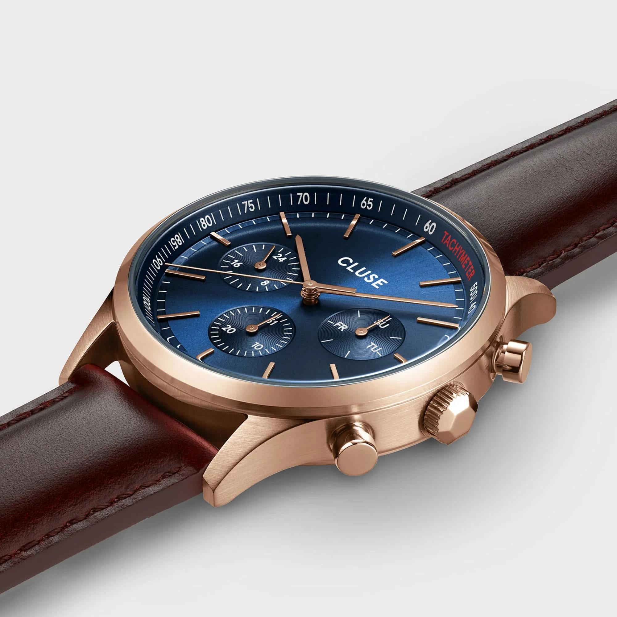 CLUSE Anthéor Quarz Chronograph Blaues Zifferblatt Lederarmband Herrenuhr CW21009