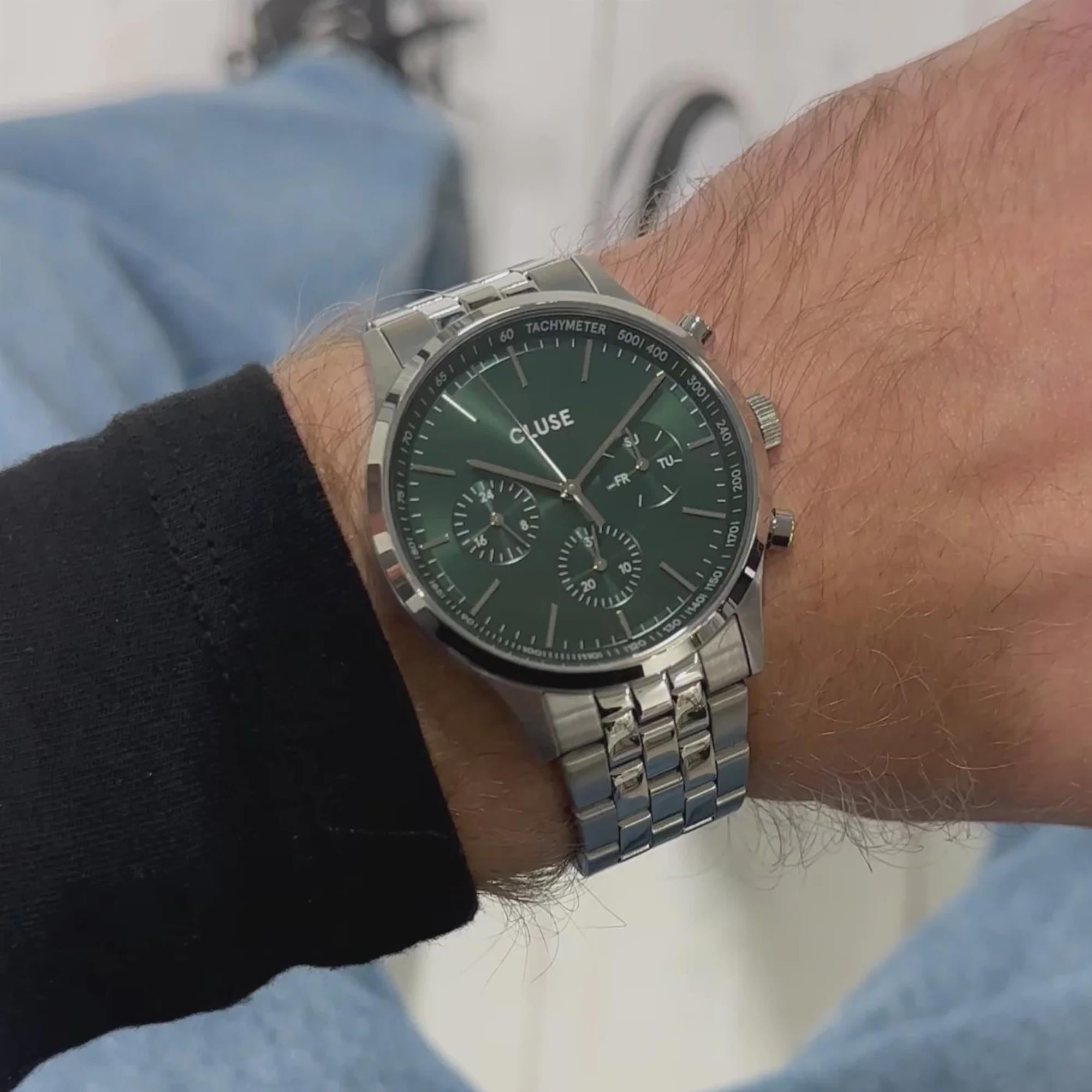 CLUSE Anthéor Quarz Chronograph Grünes Zifferblatt Stahlarmband Herrenuhr CW21002