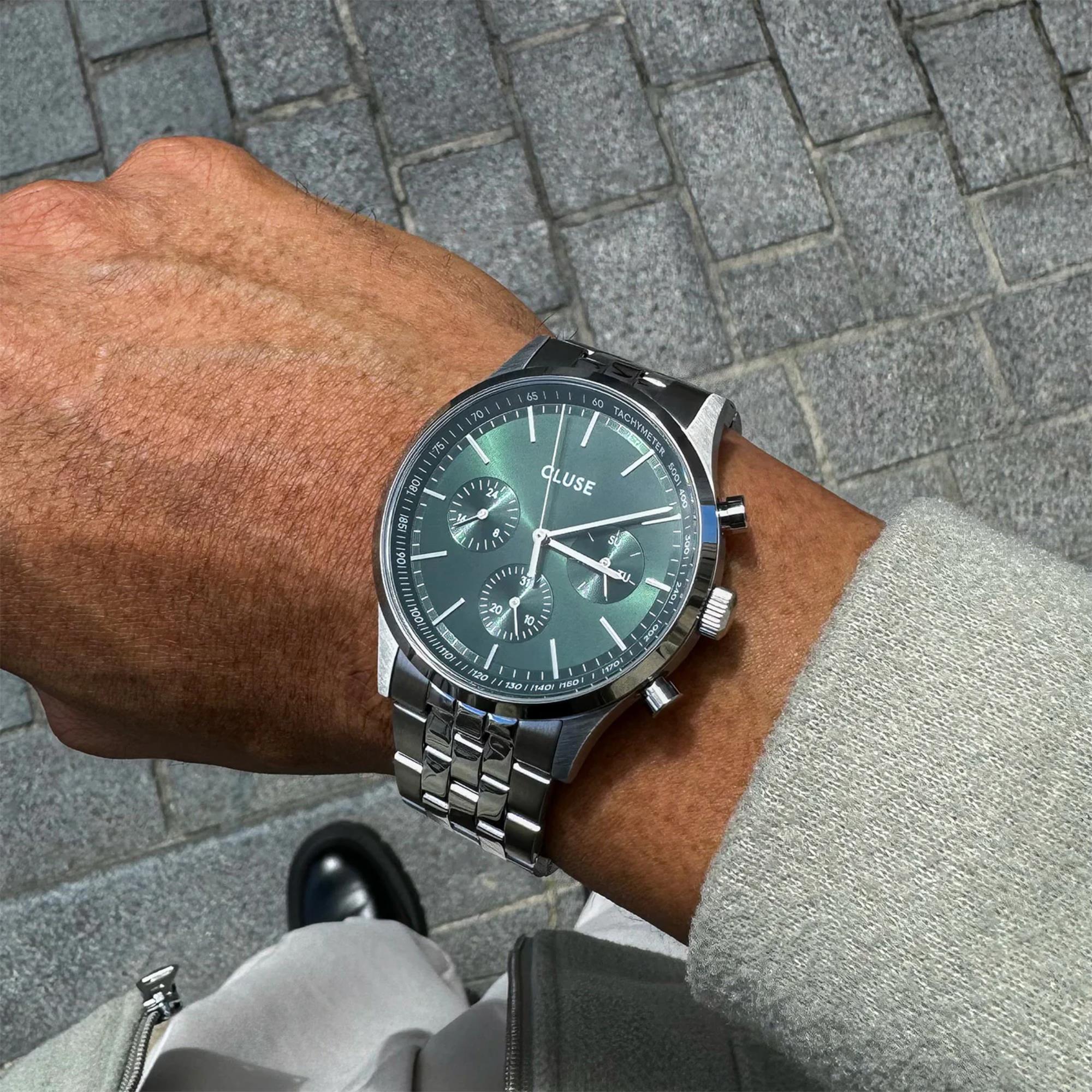 CLUSE Anthéor Quarz Chronograph Grünes Zifferblatt Stahlarmband Herrenuhr CW21002