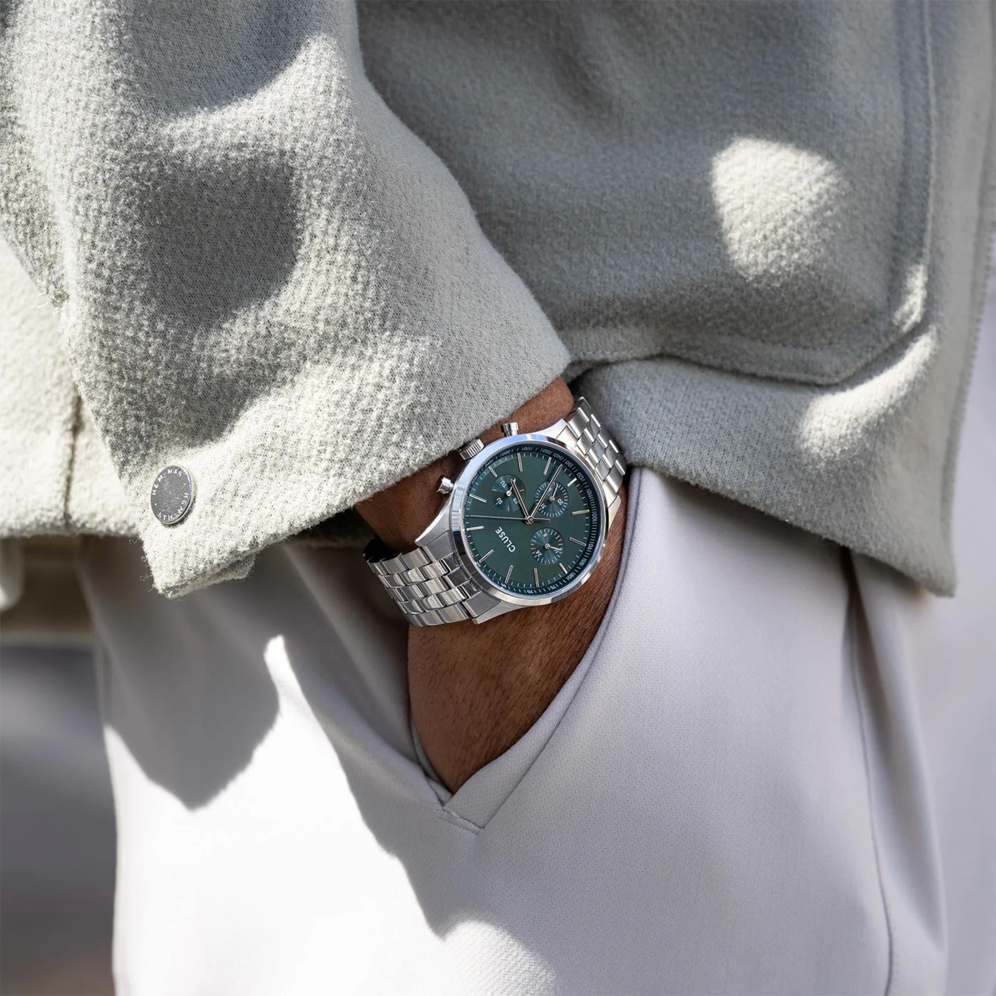 CLUSE Anthéor Quarz Chronograph Grünes Zifferblatt Stahlarmband Herrenuhr CW21002