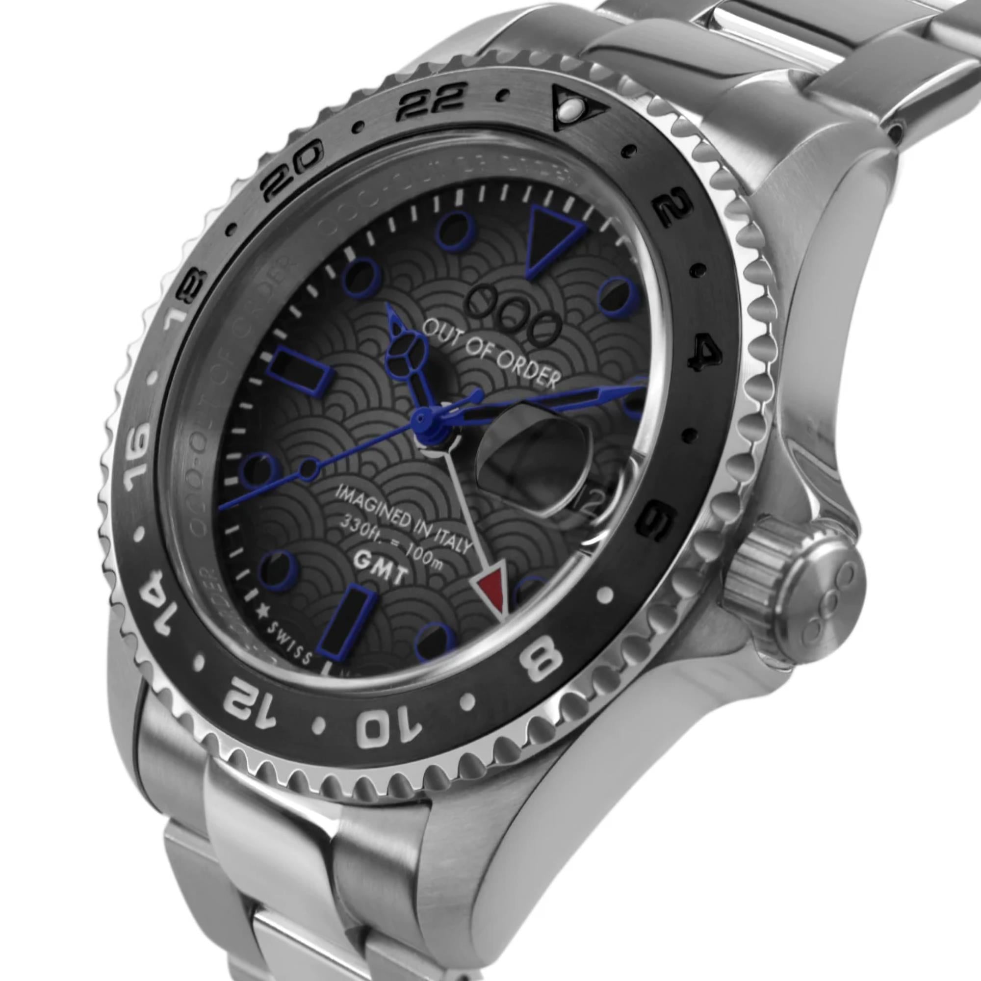 Out of Order Swiss GMT Tokyo Shibuya Ultra Brushed Grey Dial Steel Strap Men's Watch OOO.001-19.TS.SS