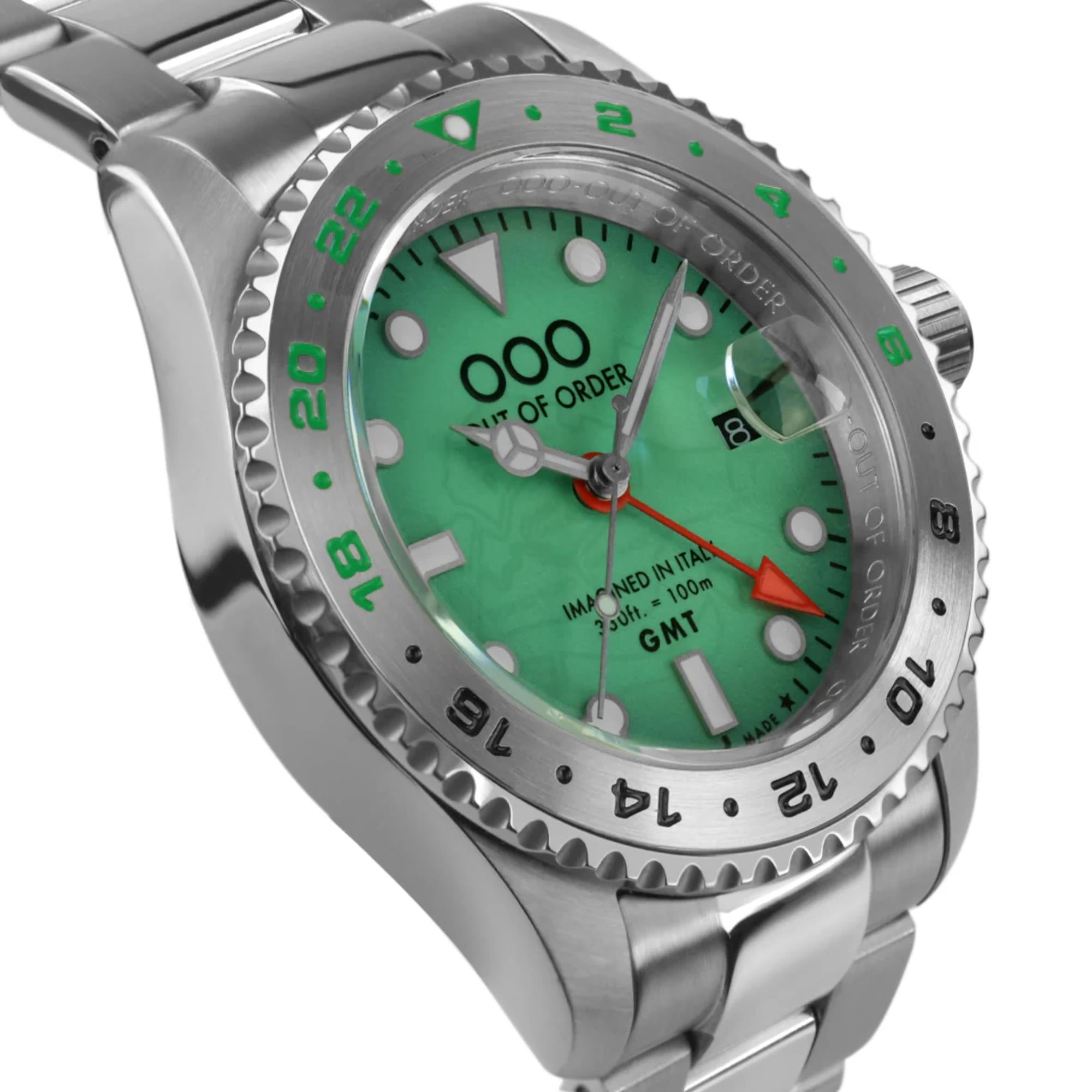Out of Order Swiss GMT Venezia Ultra Gebürstetes Grünes Zifferblatt Stahlarmband Herren Uhr OOO.001-19.VE.SS