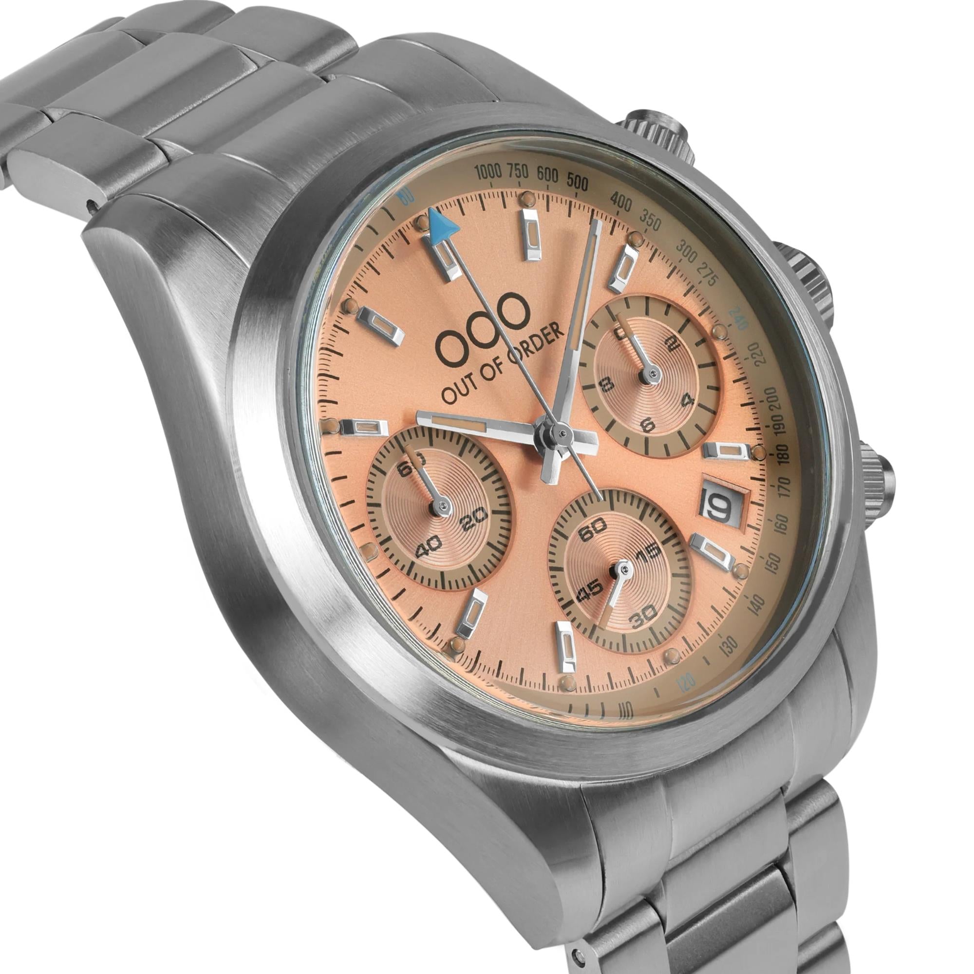 Out of Order Sporty Chronograph Ultra Brush Quarz Pfirsich Zifferblatt Stahlarmband Uhr OOO.001-23.PE.AC.SS