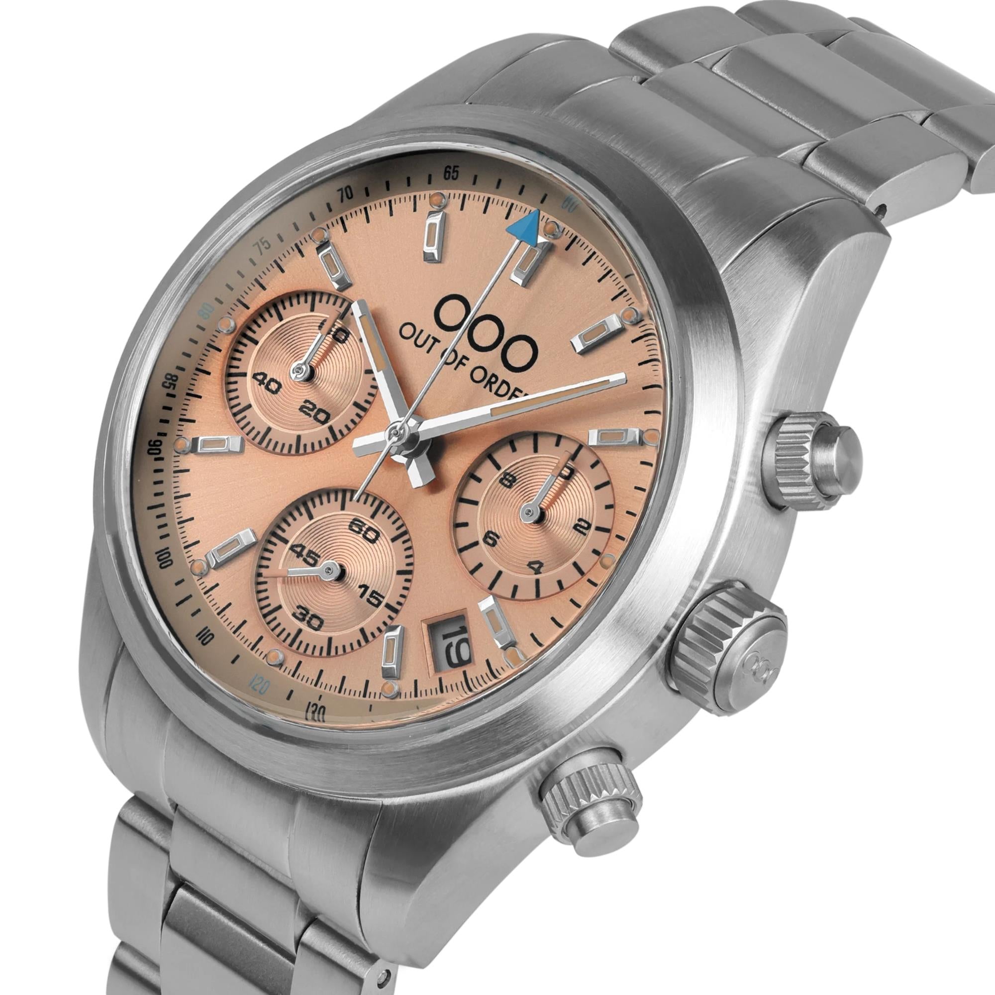 Out of Order Sporty Chronograph Ultra Brush Quarz Pfirsich Zifferblatt Stahlarmband Uhr OOO.001-23.PE.AC.SS