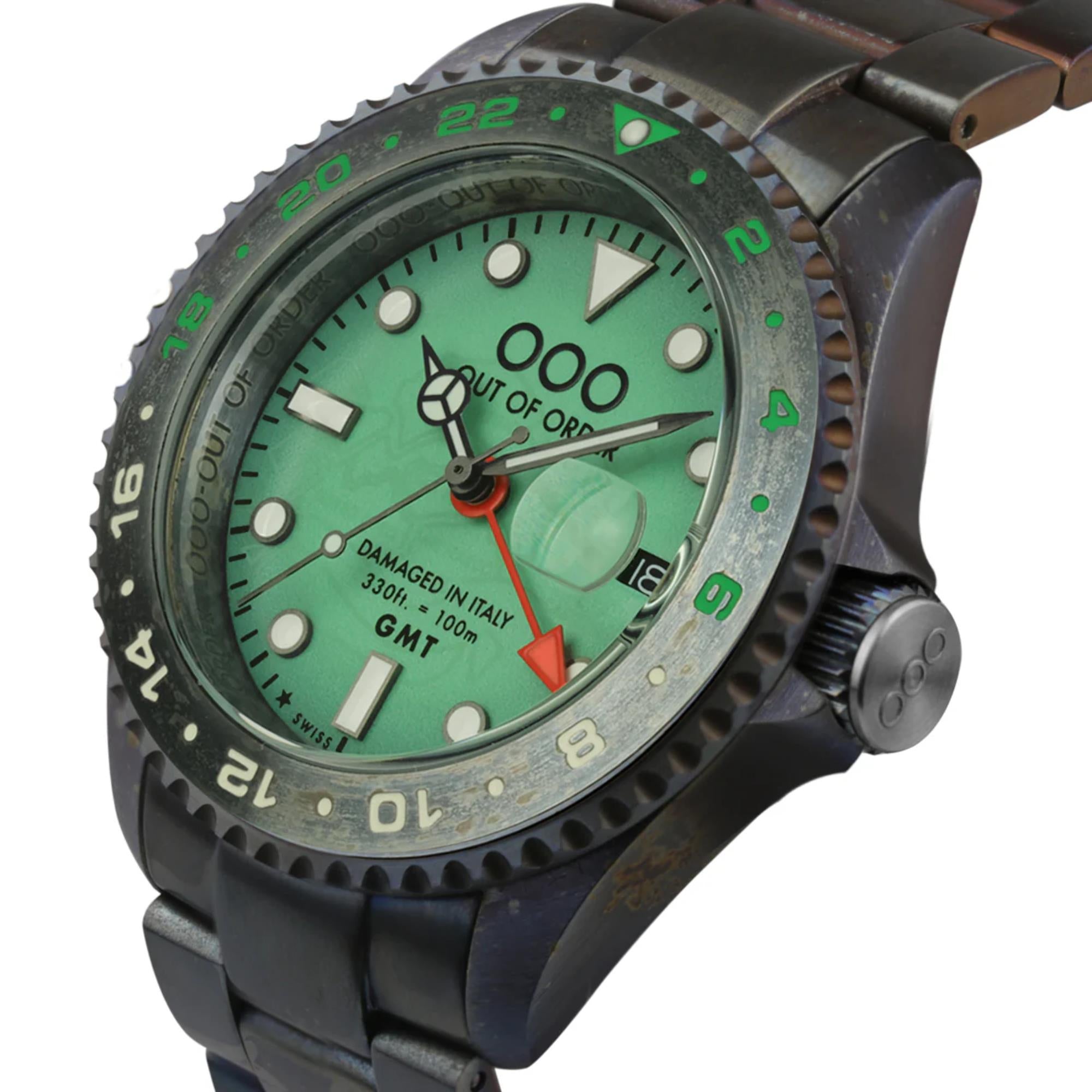 Out of Order Swiss Made GMT Venezia Ultra Distressed Green Dial Steel Strap Men's Watch OOO.001-19.VE