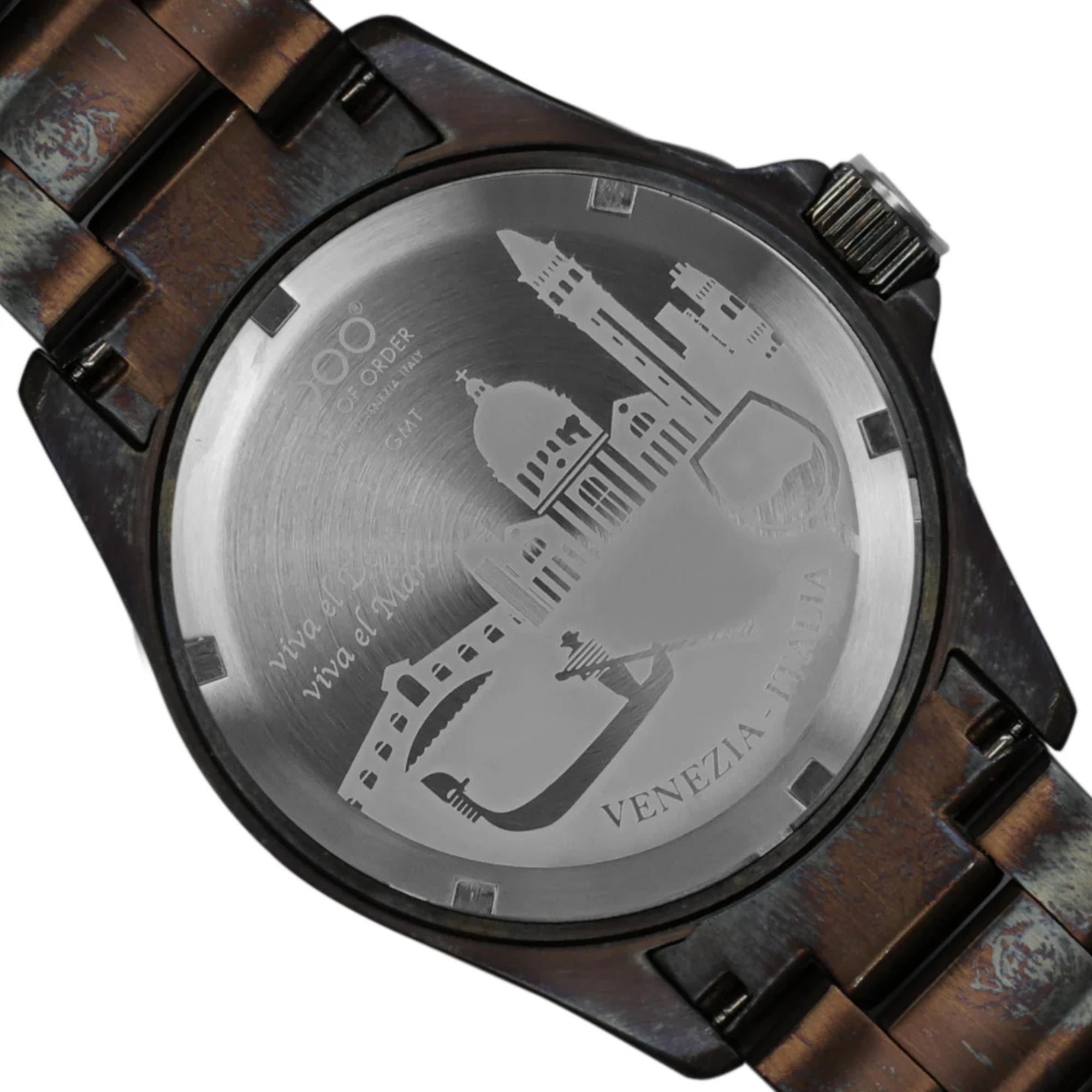 Out of Order Swiss Made GMT Venezia Ultra Distressed Green Dial Steel Strap Men's Watch OOO.001-19.VE