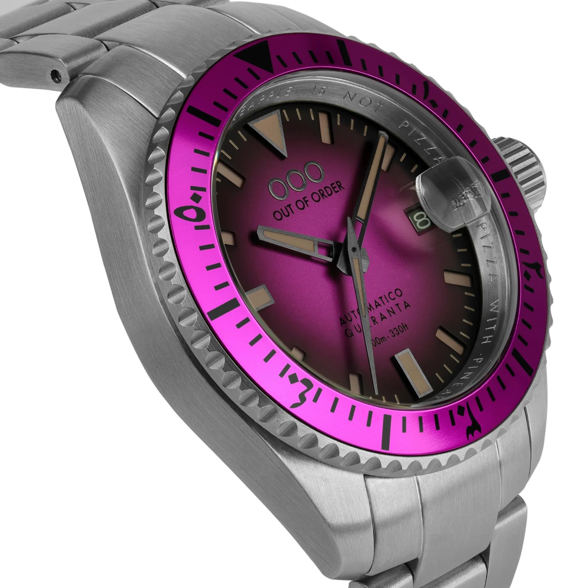 Out of Order Automatico Quaranta Ultra Gebürstet Magenta Zifferblatt Stahlarmband Herren Uhr OOO.001-21.FX.SS