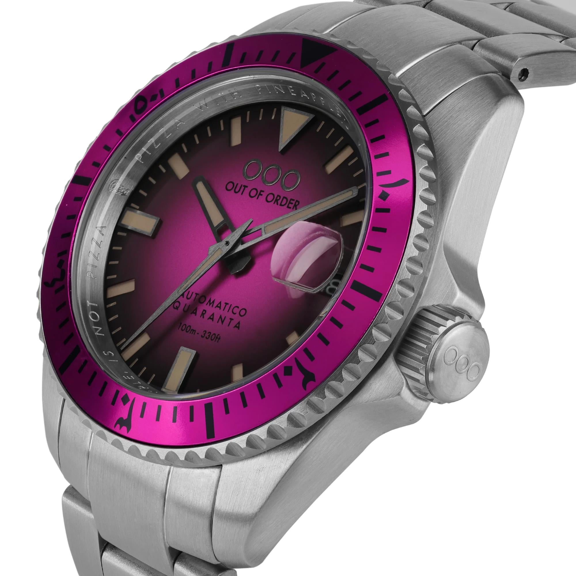Out of Order Automatico Quaranta Ultra Gebürstet Magenta Zifferblatt Stahlarmband Herren Uhr OOO.001-21.FX.SS