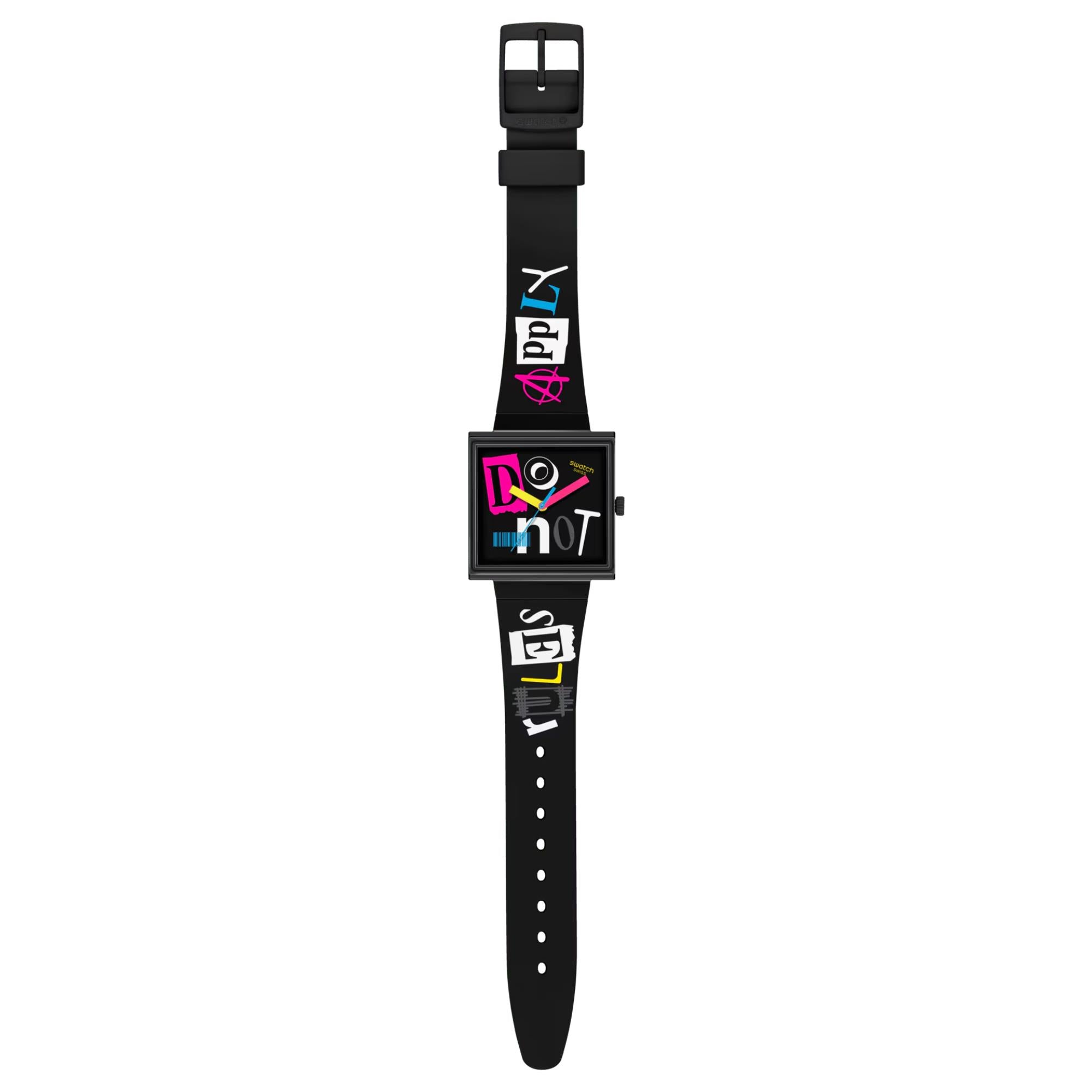 Swatch No Rules Pierced Edge Schwarzes Zifferblatt Silikonarmband Uhr SO34B100