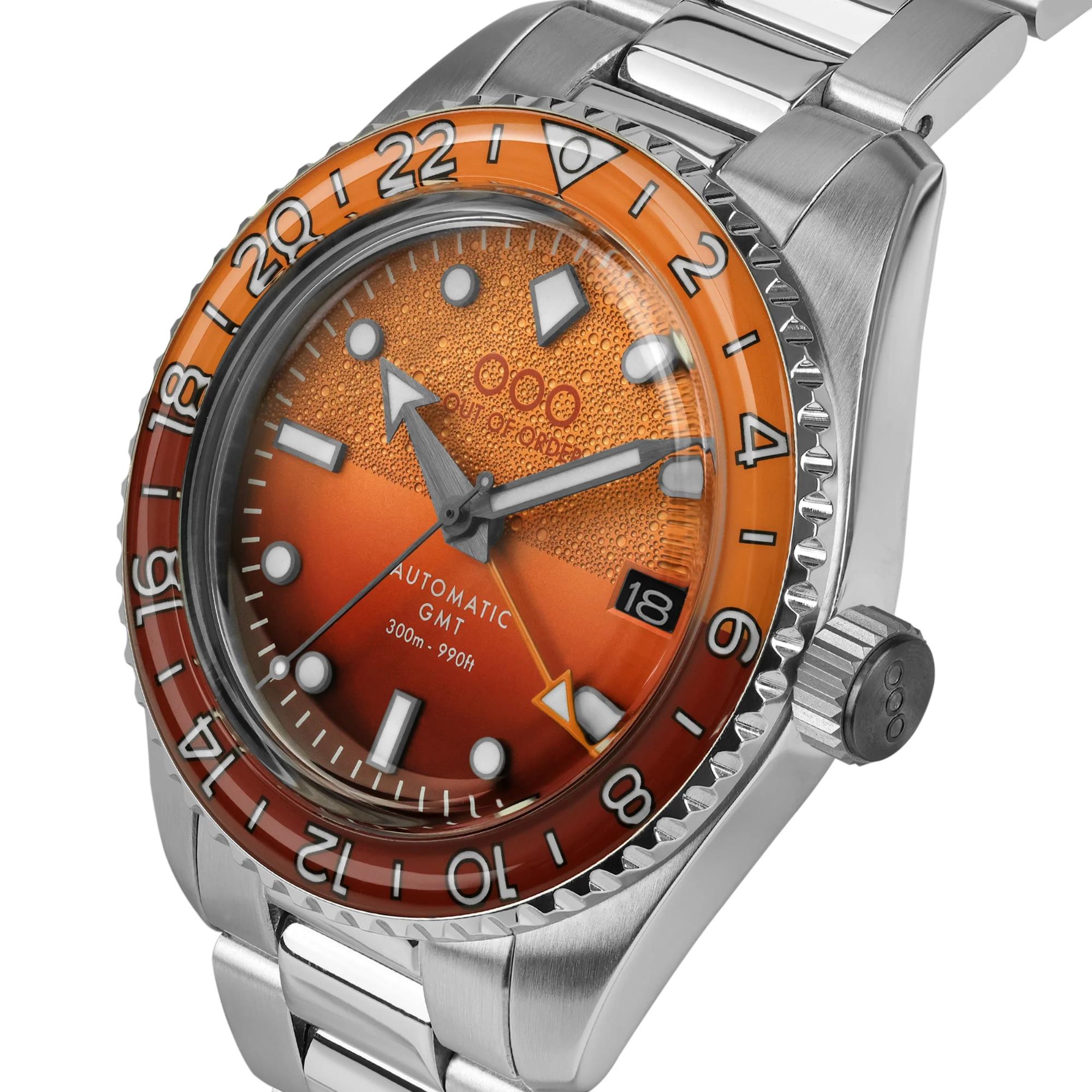 Out Of Order Negroni Shaker Automatic GMT Ultra-Brushed Orange Dial Steel Watch OOO.001-25.NE.BAND.SS