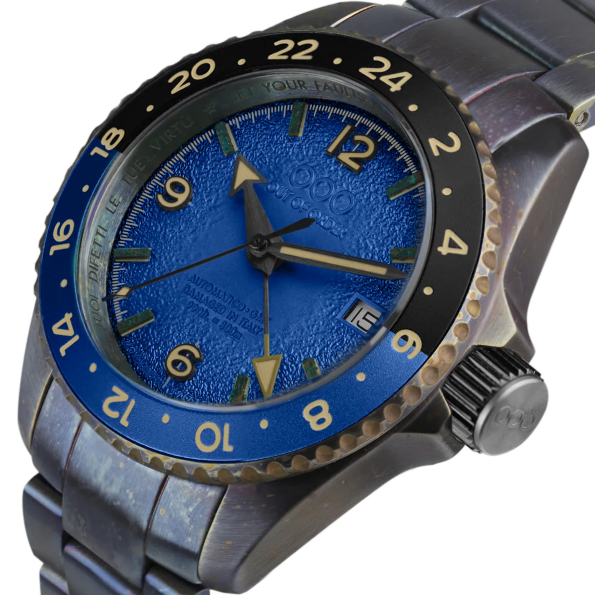 Out Of Order Blaue Trecento GMT Automatik Blaues Zifferblatt Stahlarmband Herren Uhr OOO.001-24.BL