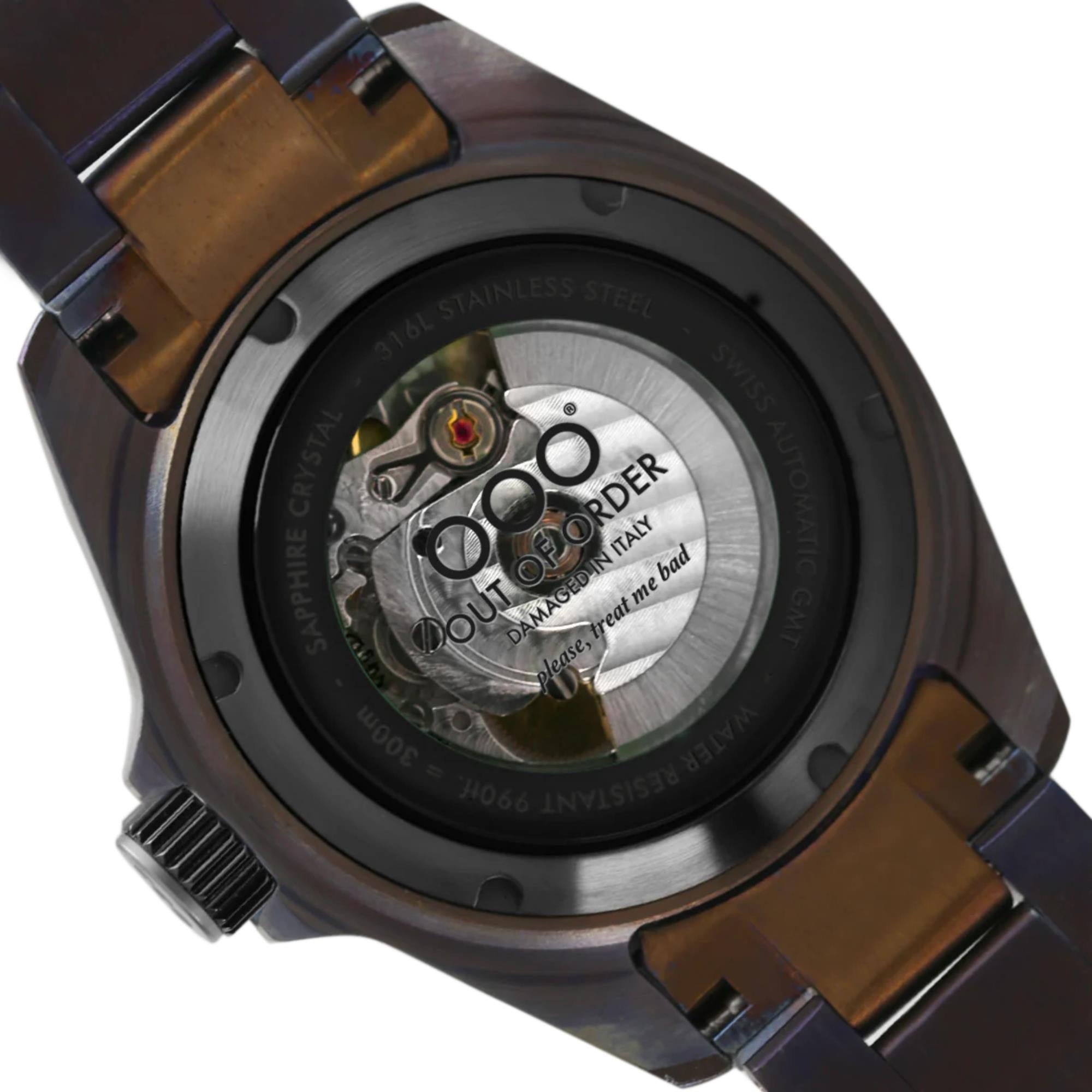 Out Of Order Black Trecento GMT Automatic Black Dial Steel Strap Men's Watch OOO.001-24.NE
