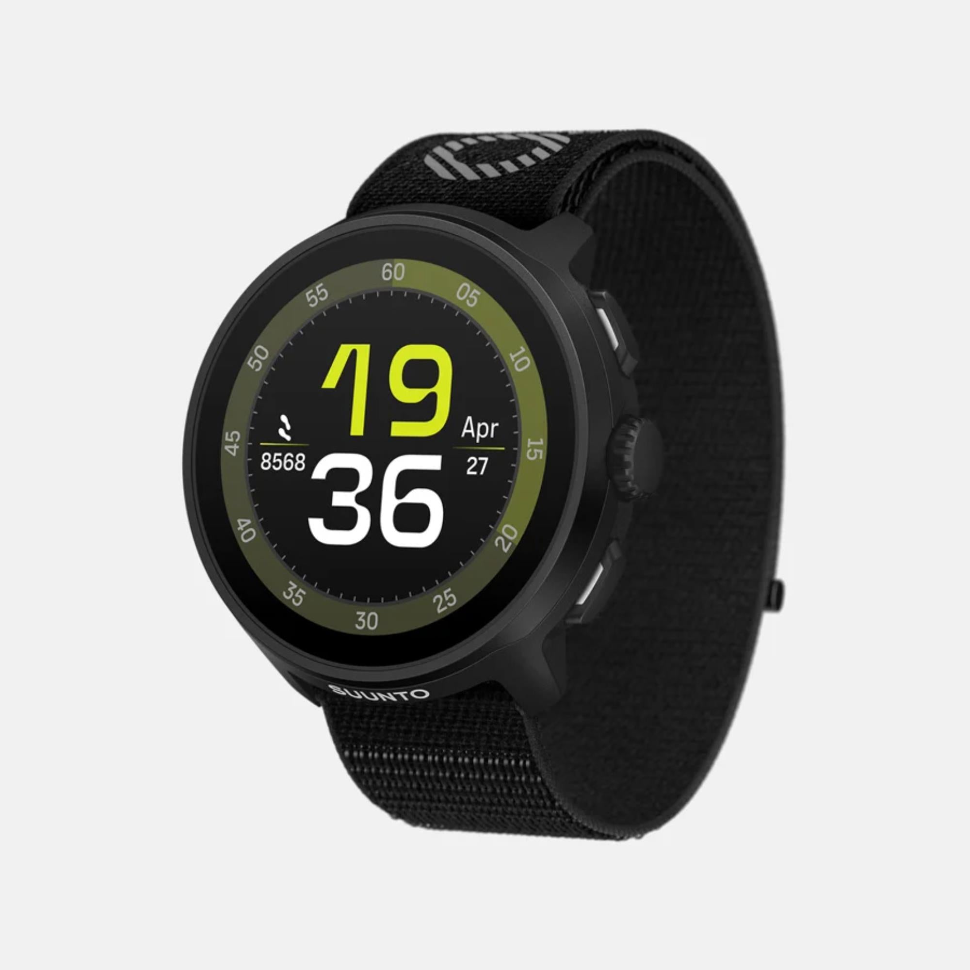 Black smartwatch with digital display on a light gray background