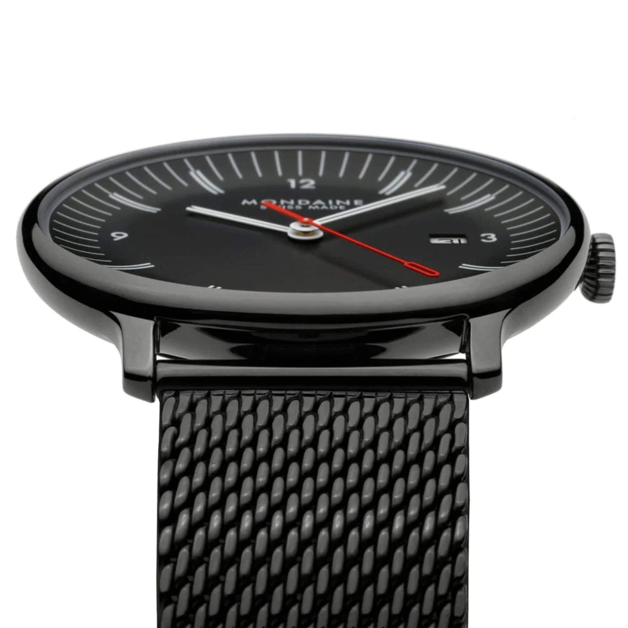 Mondaine Doppio Quarz Schwarzes Zifferblatt Stahlarmband Herren Uhr MLE.41220.SM