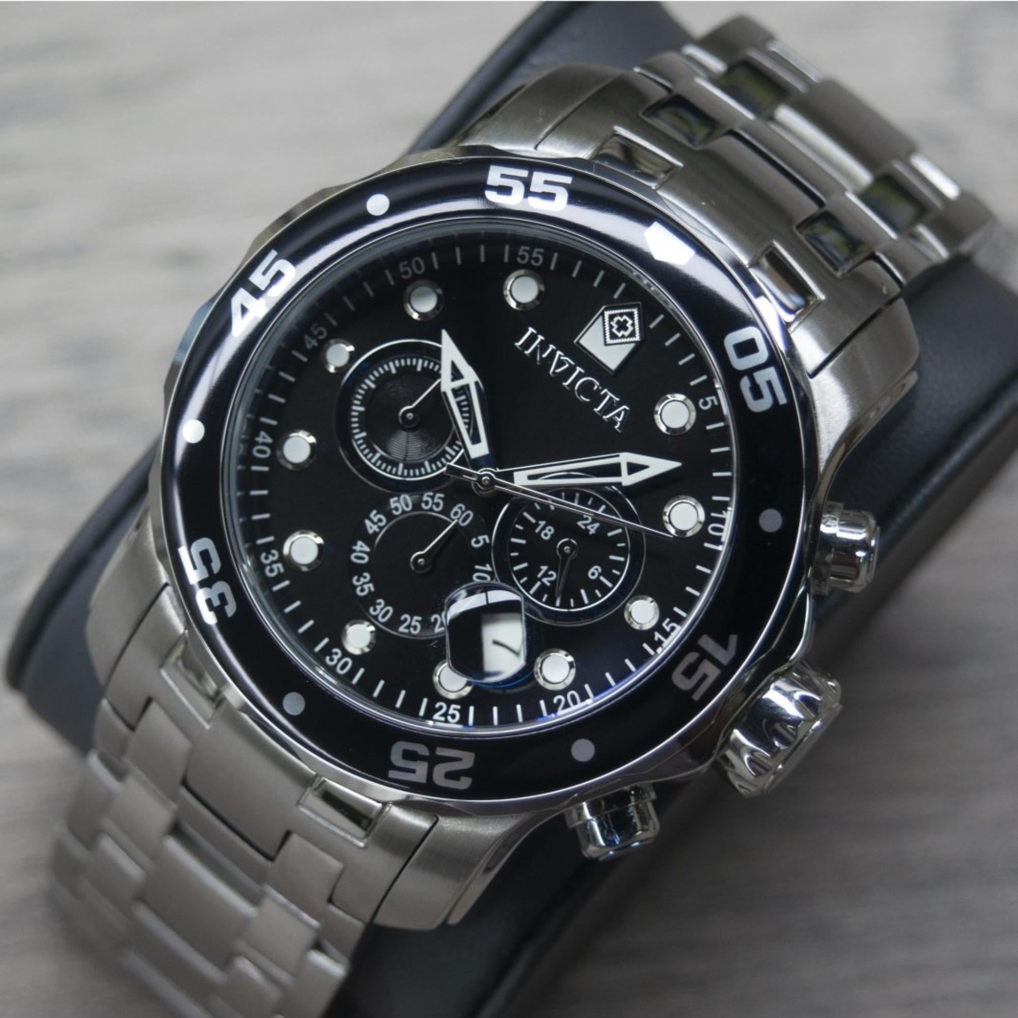 Invicta Pro Diver Scuba Quarz Chronograph Schwarzes Zifferblatt Stahlarmband Herrenarmbanduhr 0069