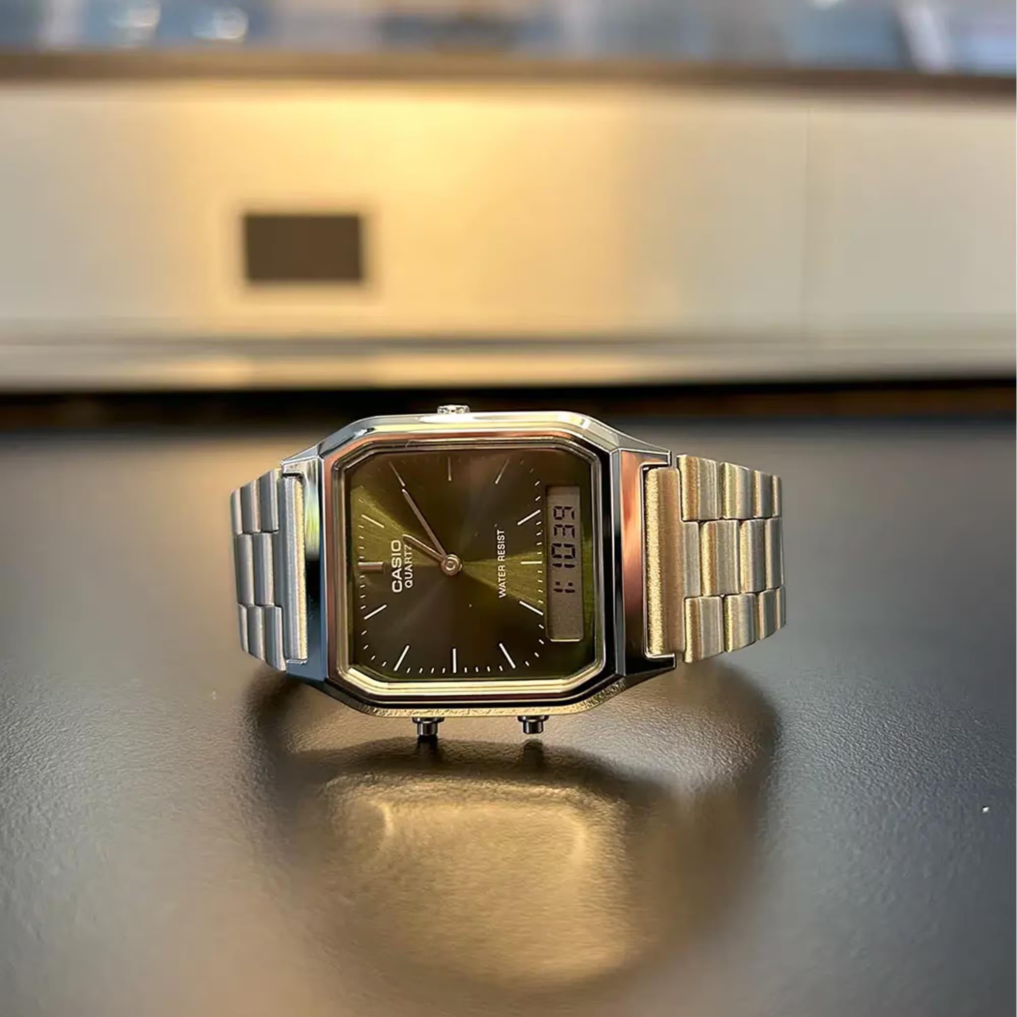 Casio Vintage Quartz Green Dial Steel Strap Watch AQ-230A-3AMQYES