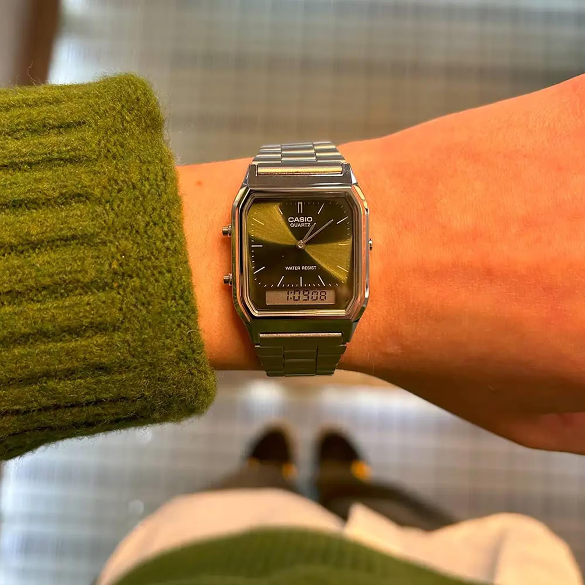 Casio Vintage Quartz Green Dial Steel Strap Watch AQ-230A-3AMQYES