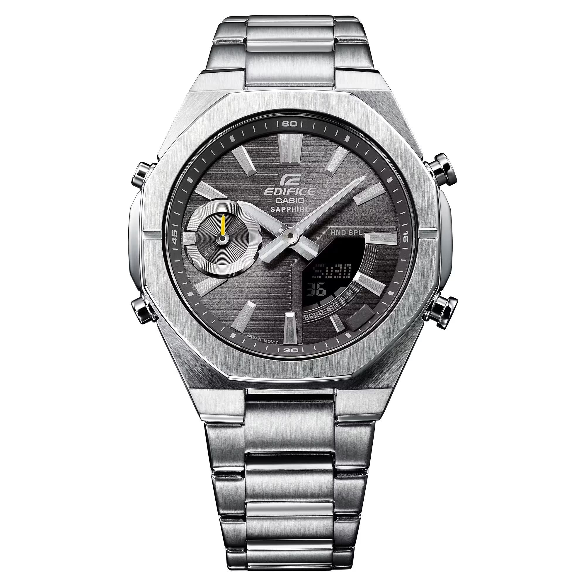 Casio Edifice Solarbetriebene Graues Zifferblatt Stahlarmband Herren Uhr ECB-S10D-8AEF