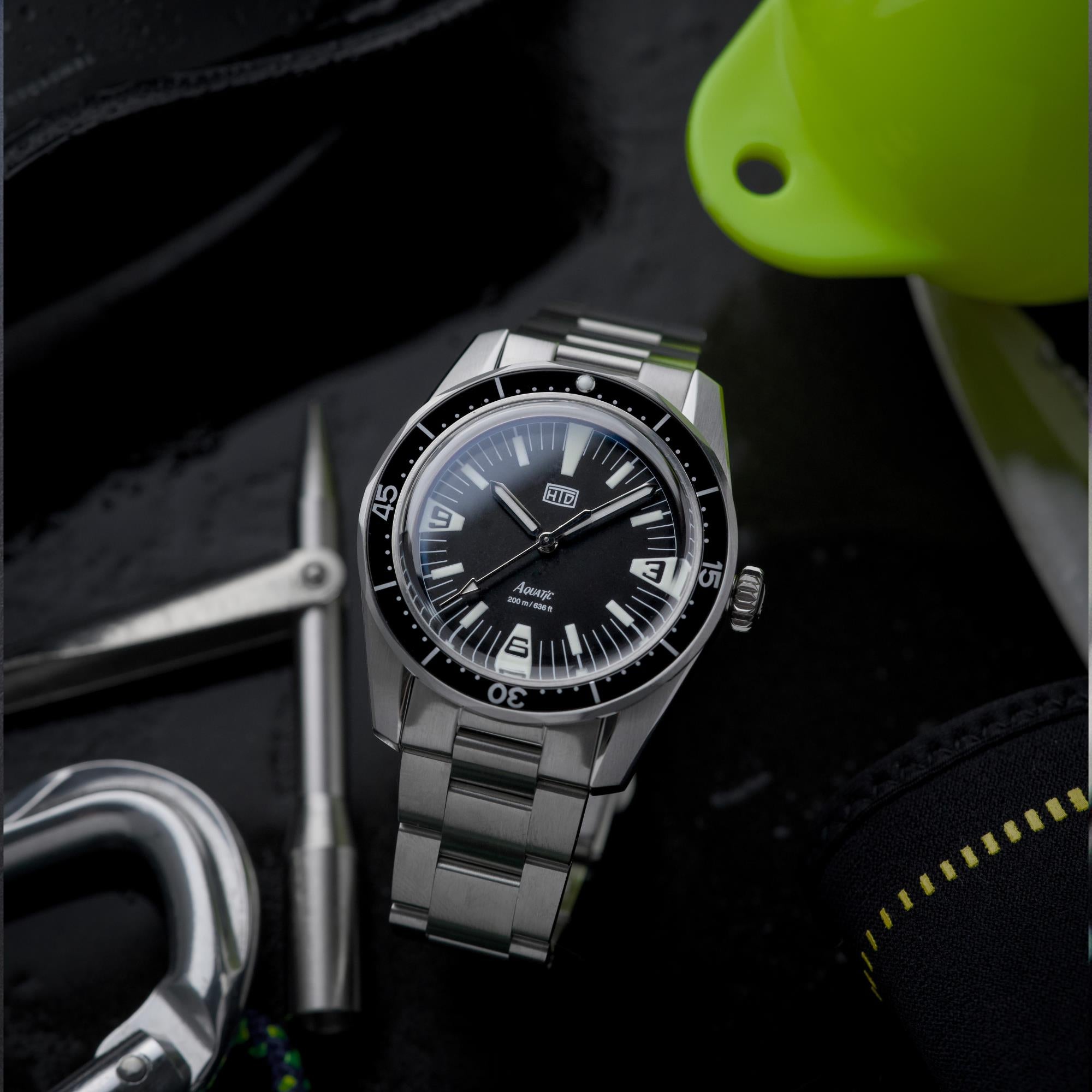 HTD Aquatic Spaceboy Automatic Black Dial Steel Strap Mens Watch A25F09S