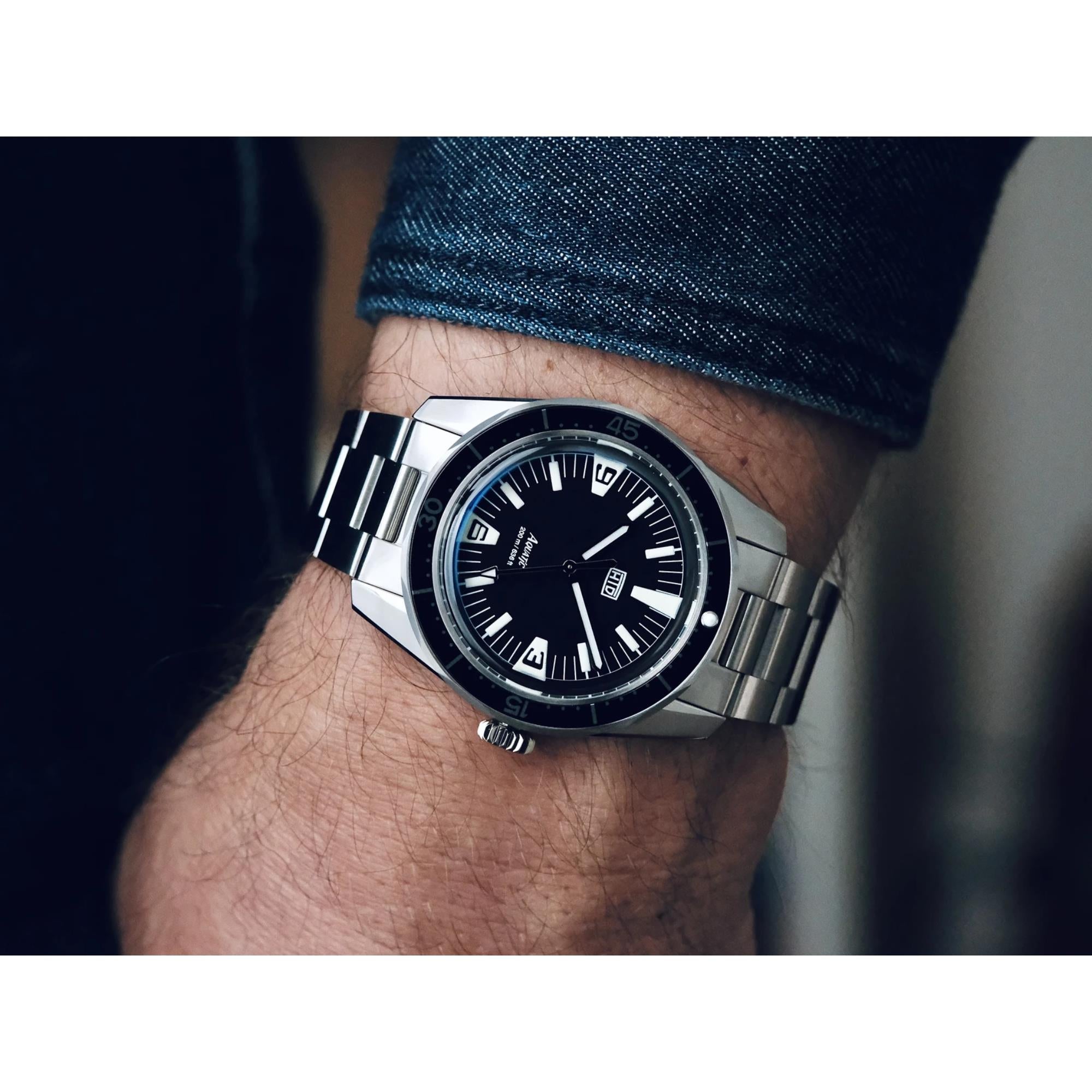 HTD Aquatic Spaceboy Automatic Black Dial Steel Strap Mens Watch A25F09S