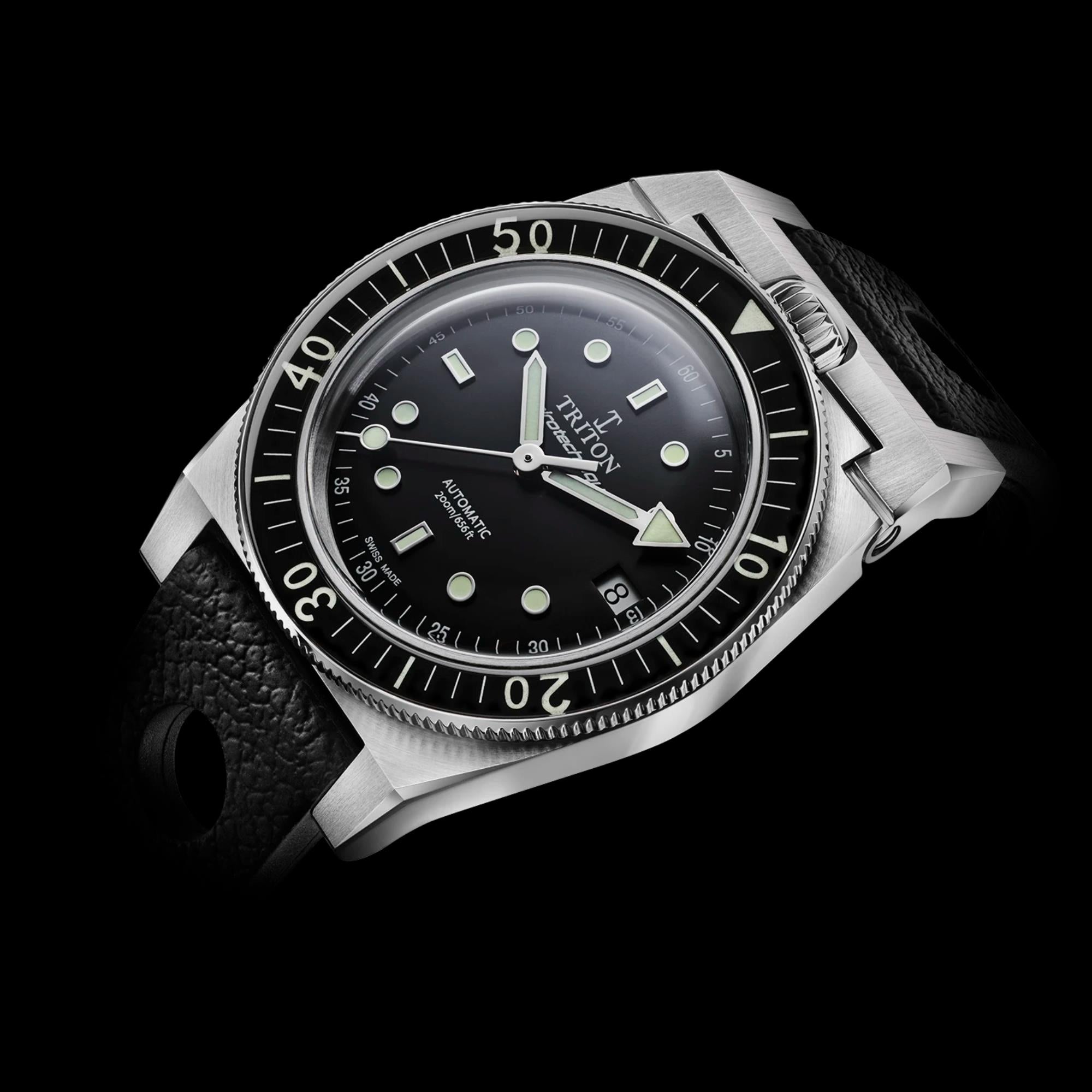 Triton Spirotechnique Classic Schwarzes Zifferblatt Automatik Gummiarmband Herren Taucheruhr