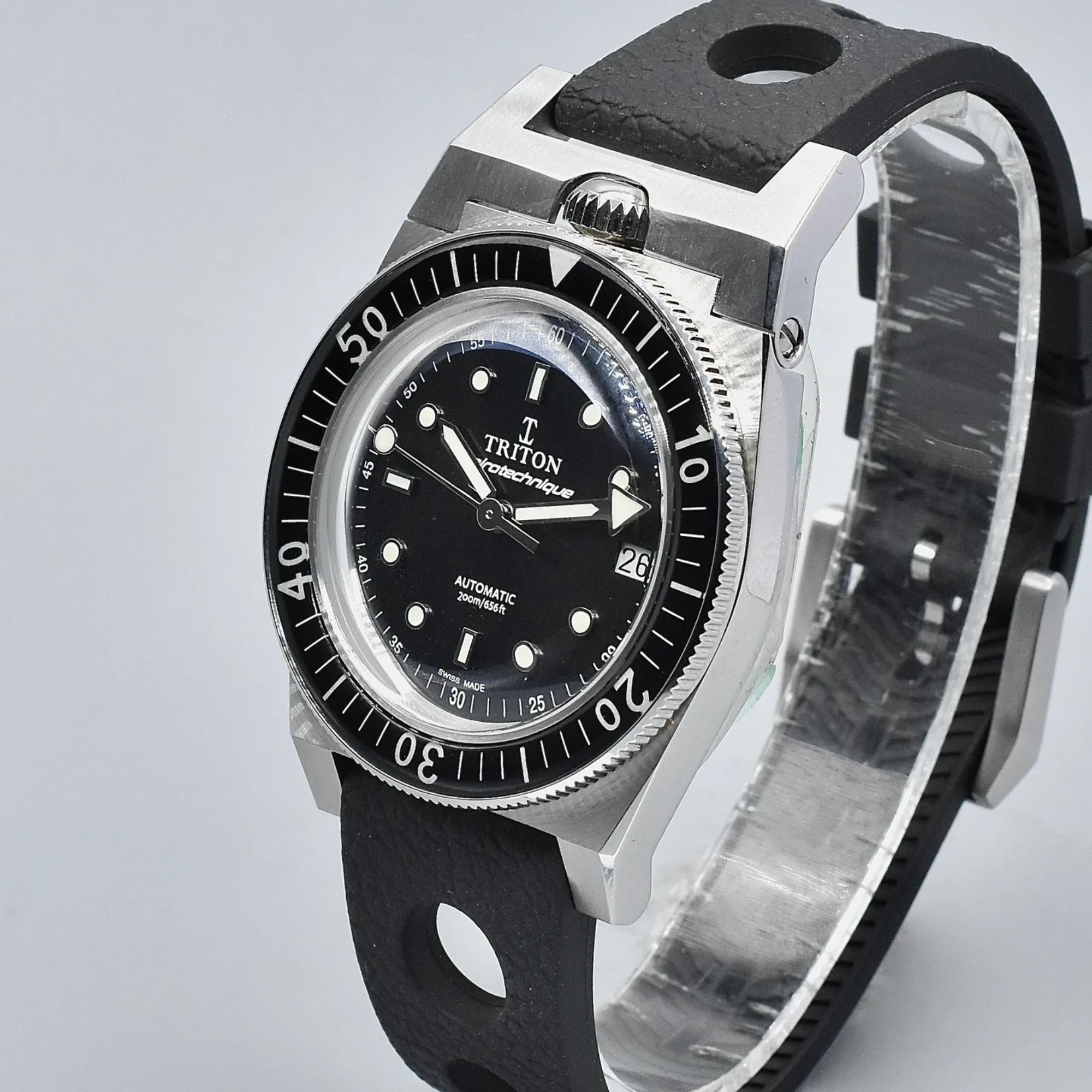 Triton Spirotechnique Classic Schwarzes Zifferblatt Automatik Gummiarmband Herren Taucheruhr
