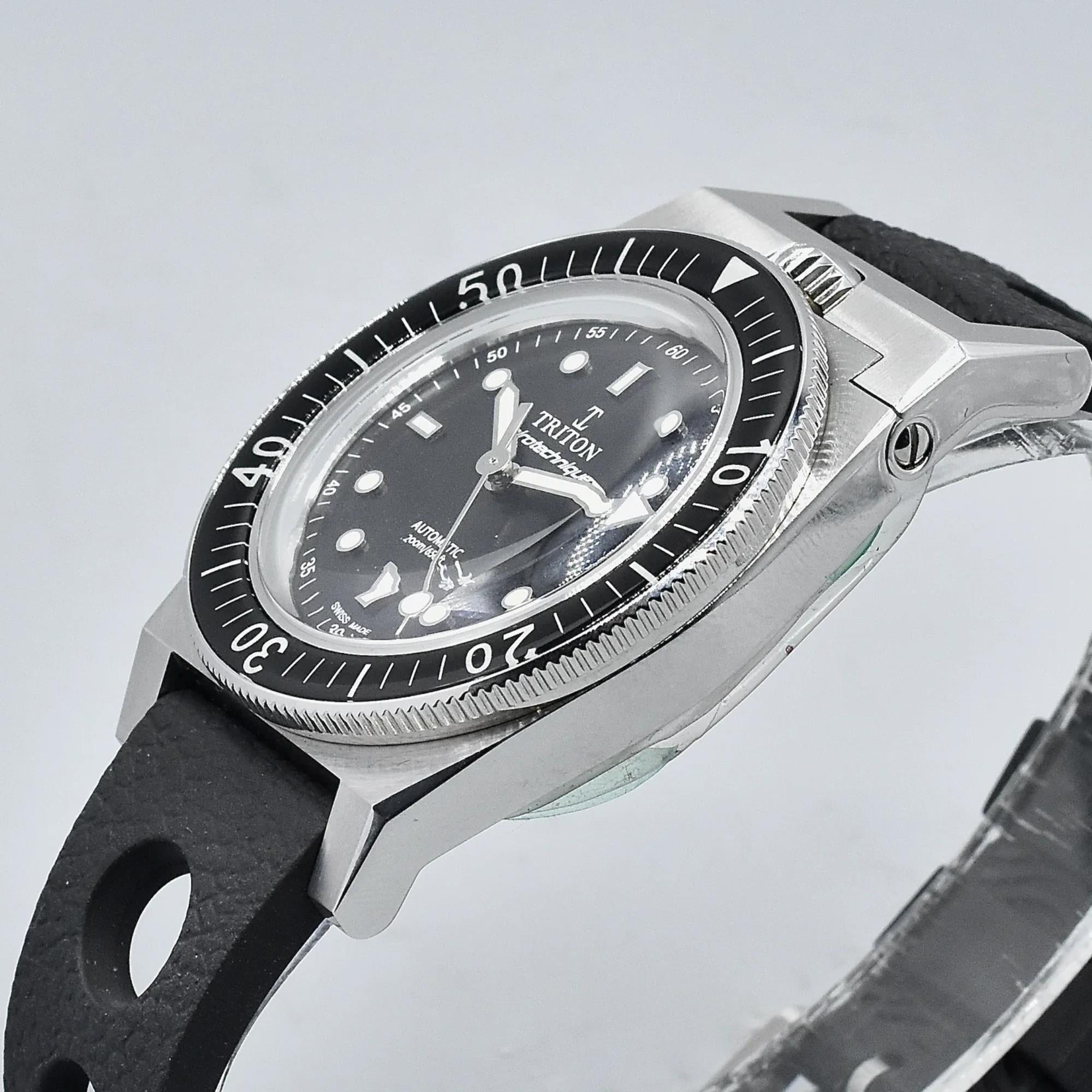 Triton Spirotechnique Classic Schwarzes Zifferblatt Automatik Gummiarmband Herren Taucheruhr