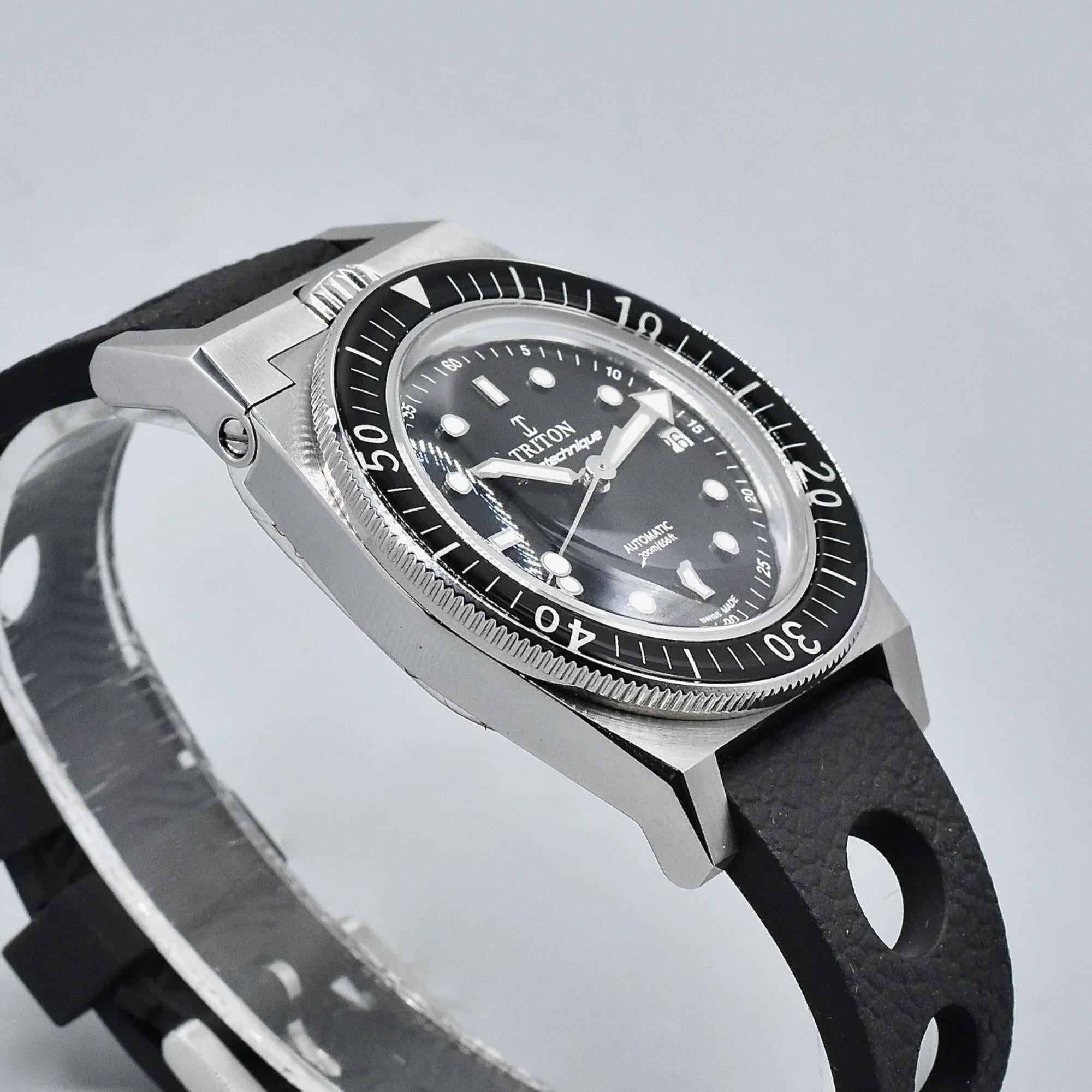 Triton Spirotechnique Classic Schwarzes Zifferblatt Automatik Gummiarmband Herren Taucheruhr