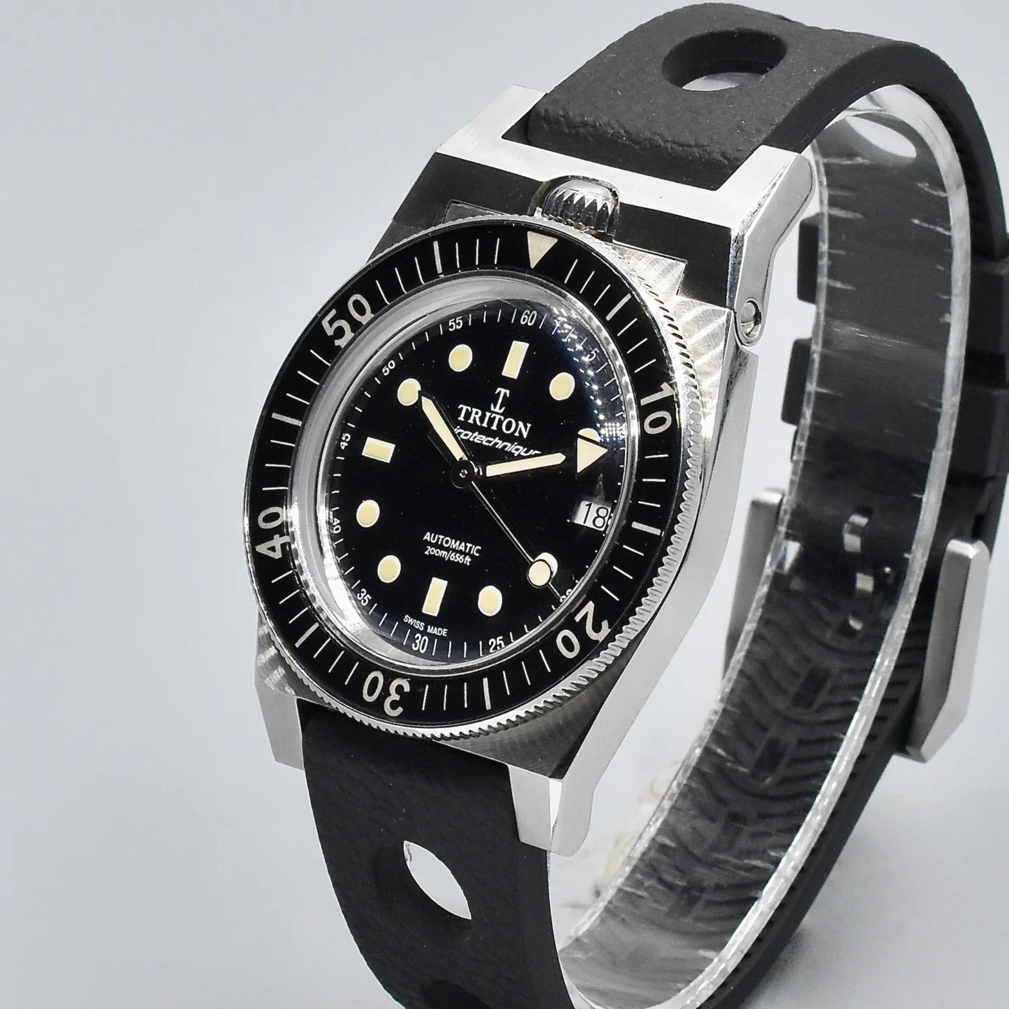 Triton Spirotechnique Sport Black Dial Automatic Rubber Strap Men's Dive Watch