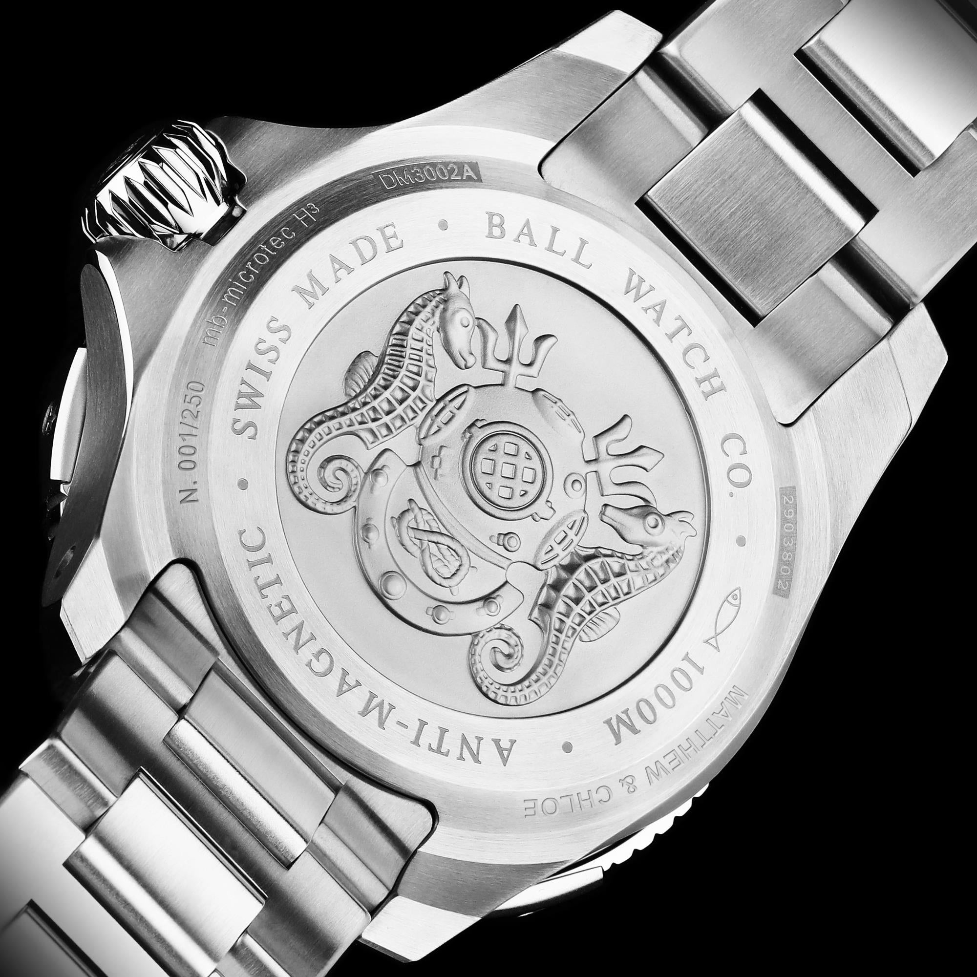 BALL Hydrocarbon DM3002A-S10C-GR Limited Edition caseback showing 1000m depth rating and detailed engraving