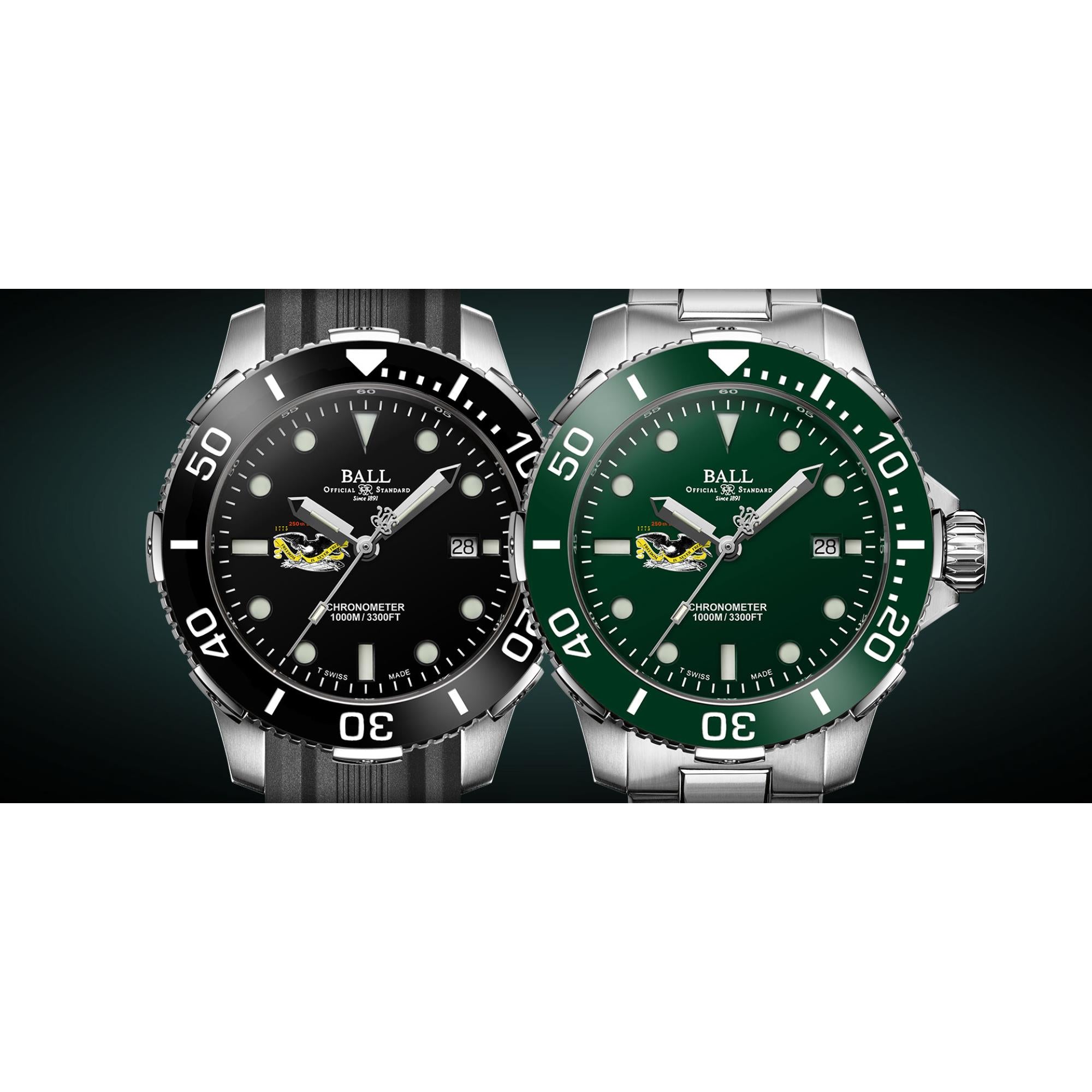 BALL DeepQUEST Protector green dial and black dial versions side by side comparison