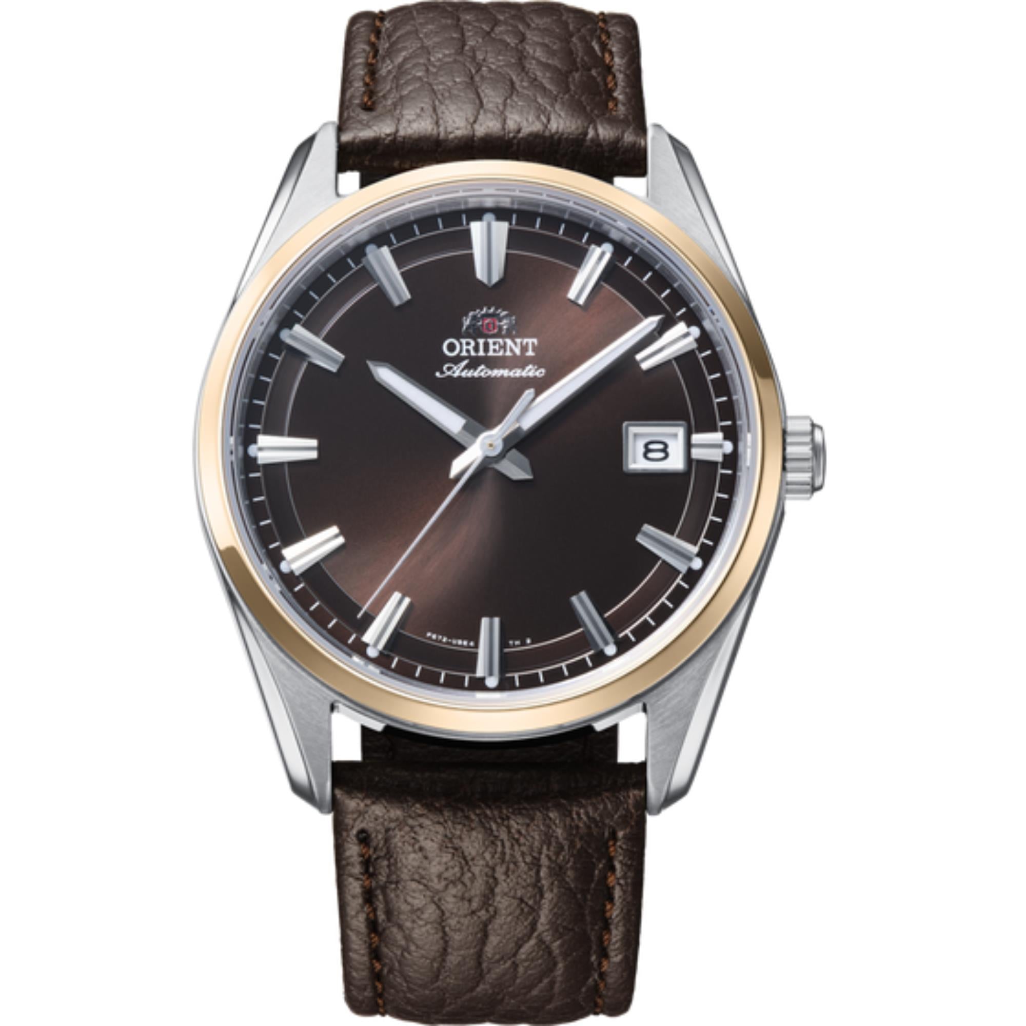 Orient Stretto Brown Dial Rose Gold Leather Strap automatic watch RA-AC0R03Y30B front view