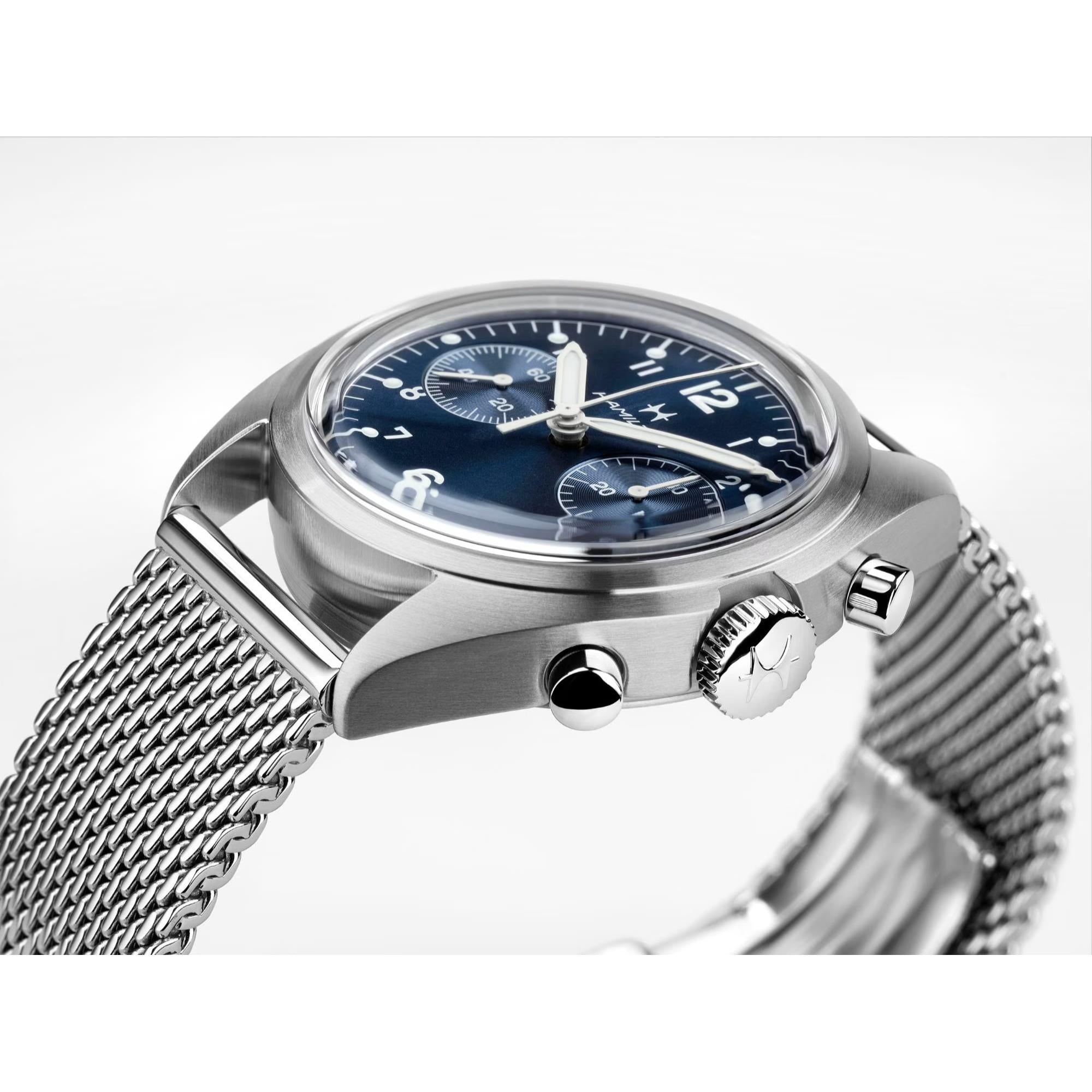 Hamilton H76409140 matte blue bi-compax dial with crown guard close-up