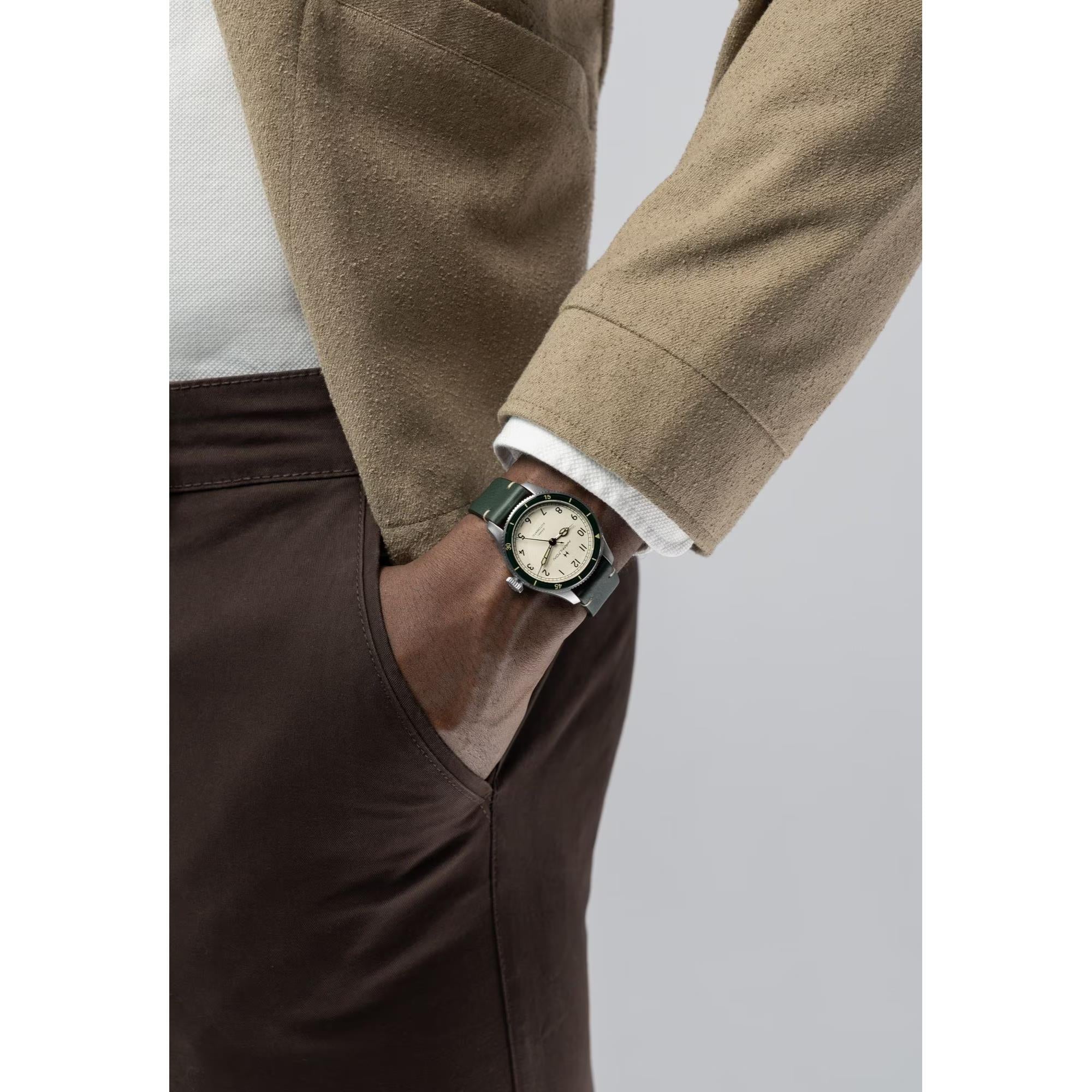 Hamilton Khaki Aviation Pilot Pioneer eggshell white dial watch worn on wrist H76255810