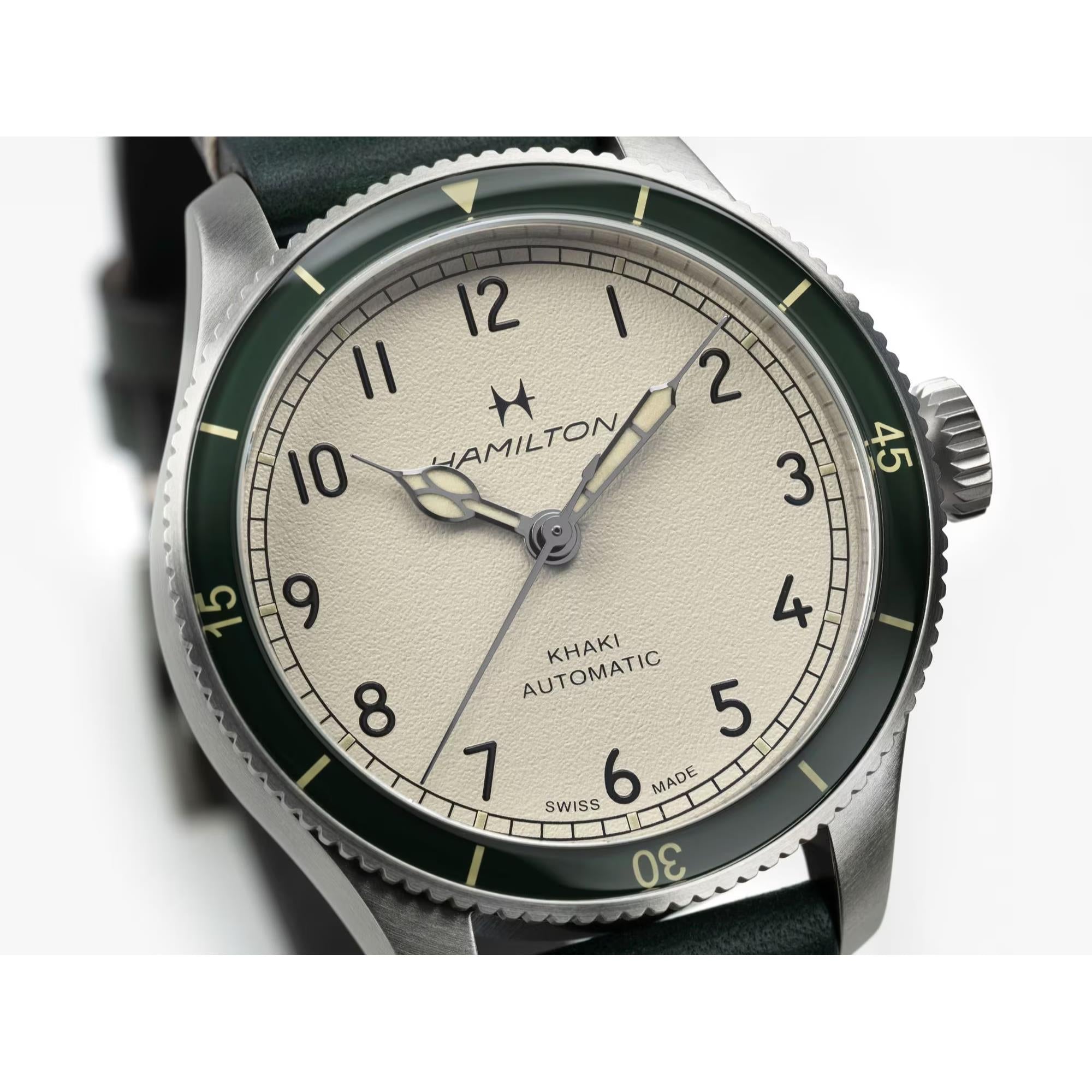 Hamilton Khaki Aviation H76255810 eggshell white grained dial with cathedral hands close-up