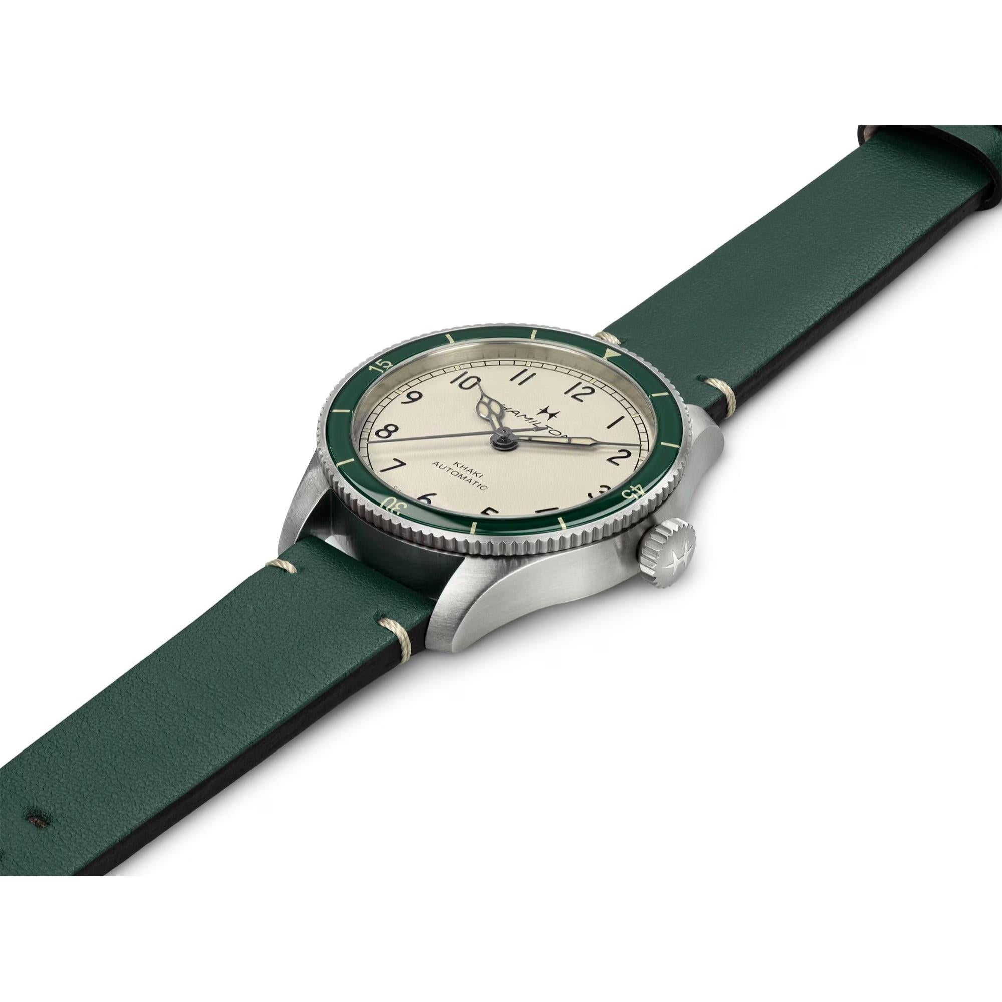 Hamilton Khaki Aviation H76255810 38mm eggshell white dial and green leather strap watch side view