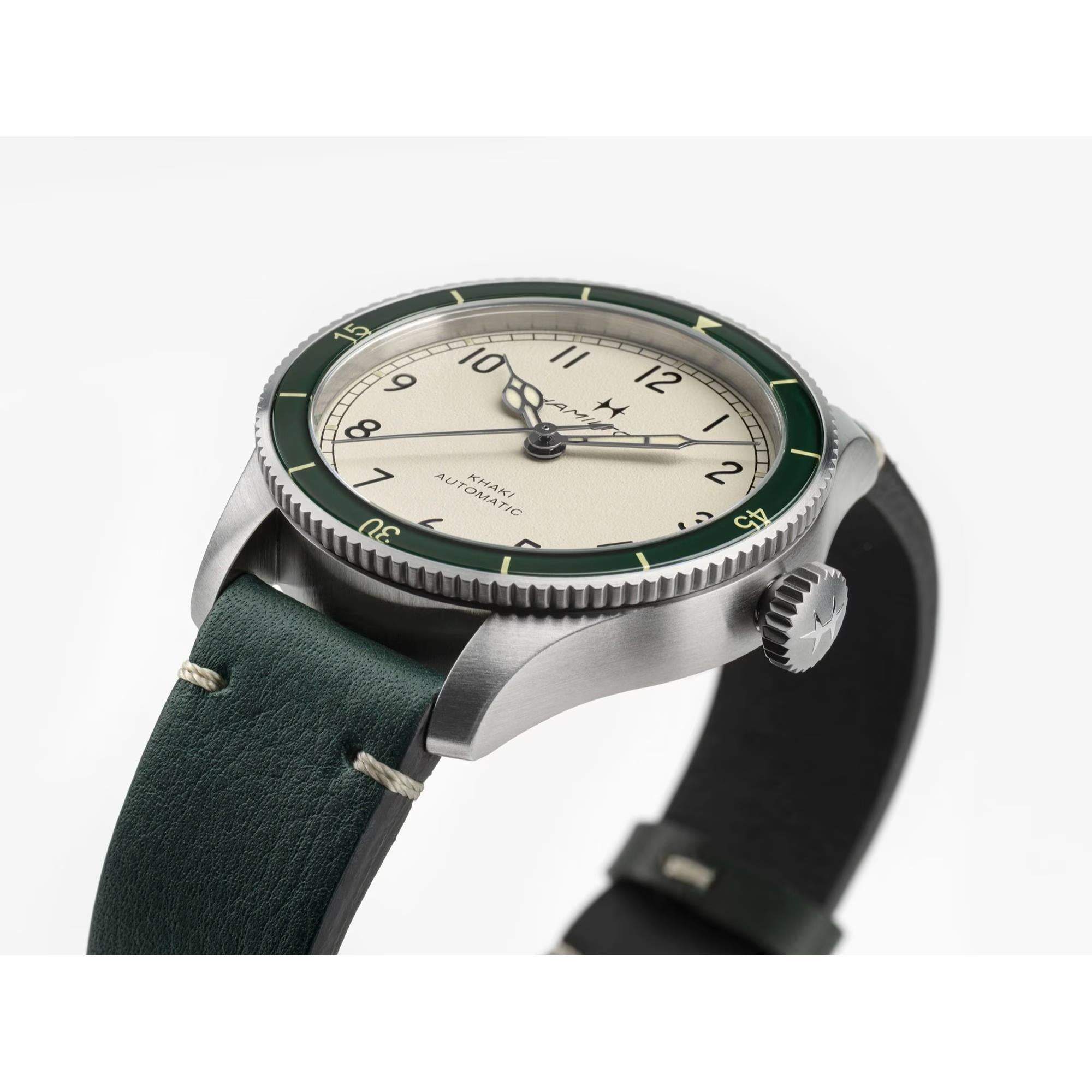 Hamilton Khaki Aviation H76255810 38mm stainless steel case with rotating green bezel side profile