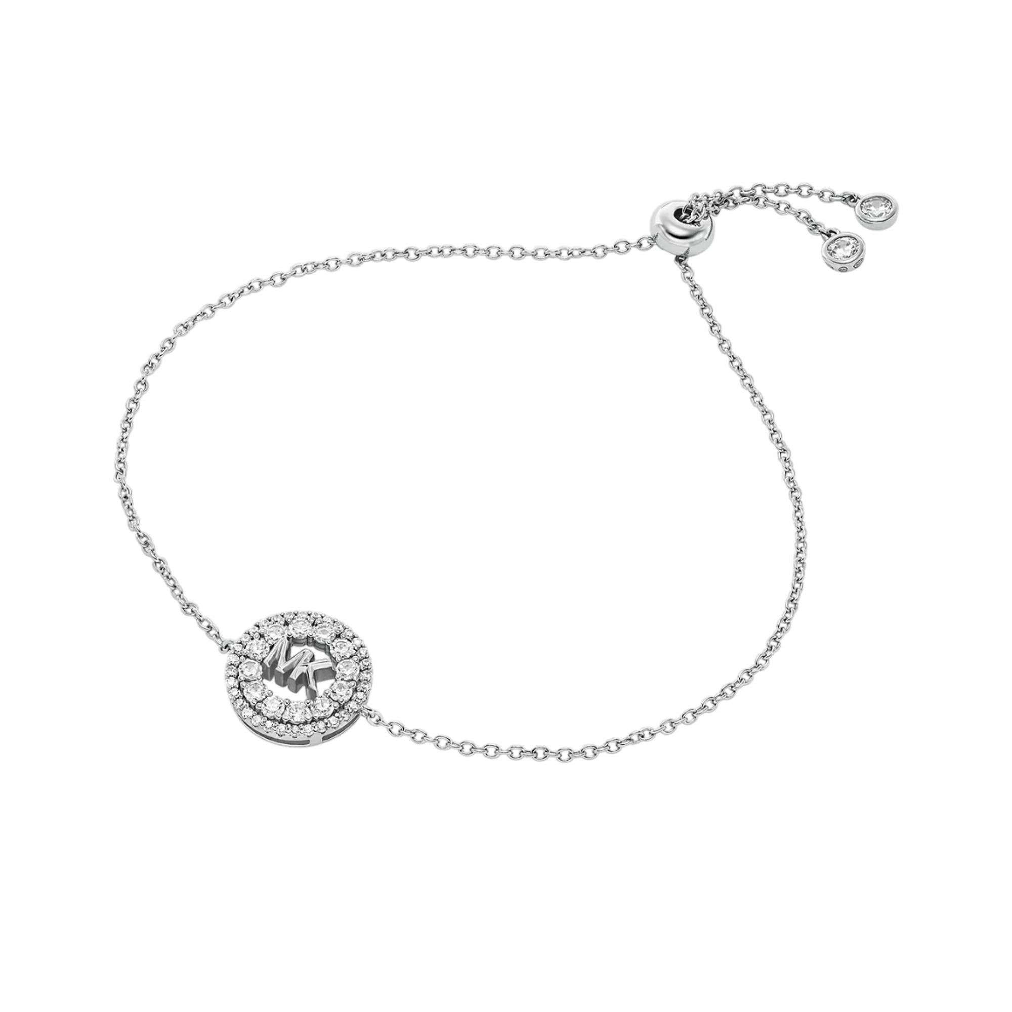 Michael Kors MKC1828040 rhodium-plated sterling silver pavé logo slider bracelet front view