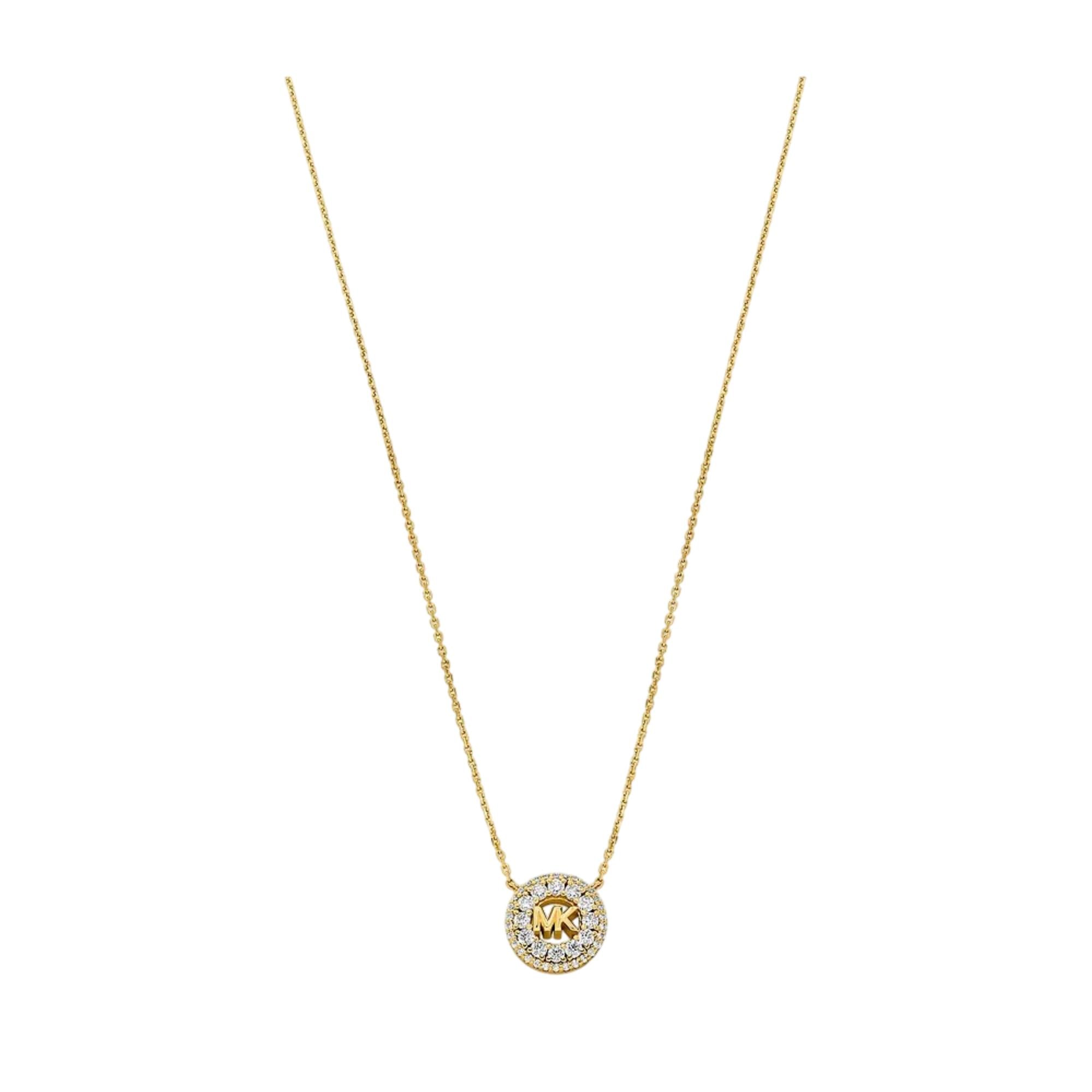 Front view of the Michael Kors 14k Gold-Plated Sterling Silver Pavé Logo Pendant Women's Necklace MKC1826710