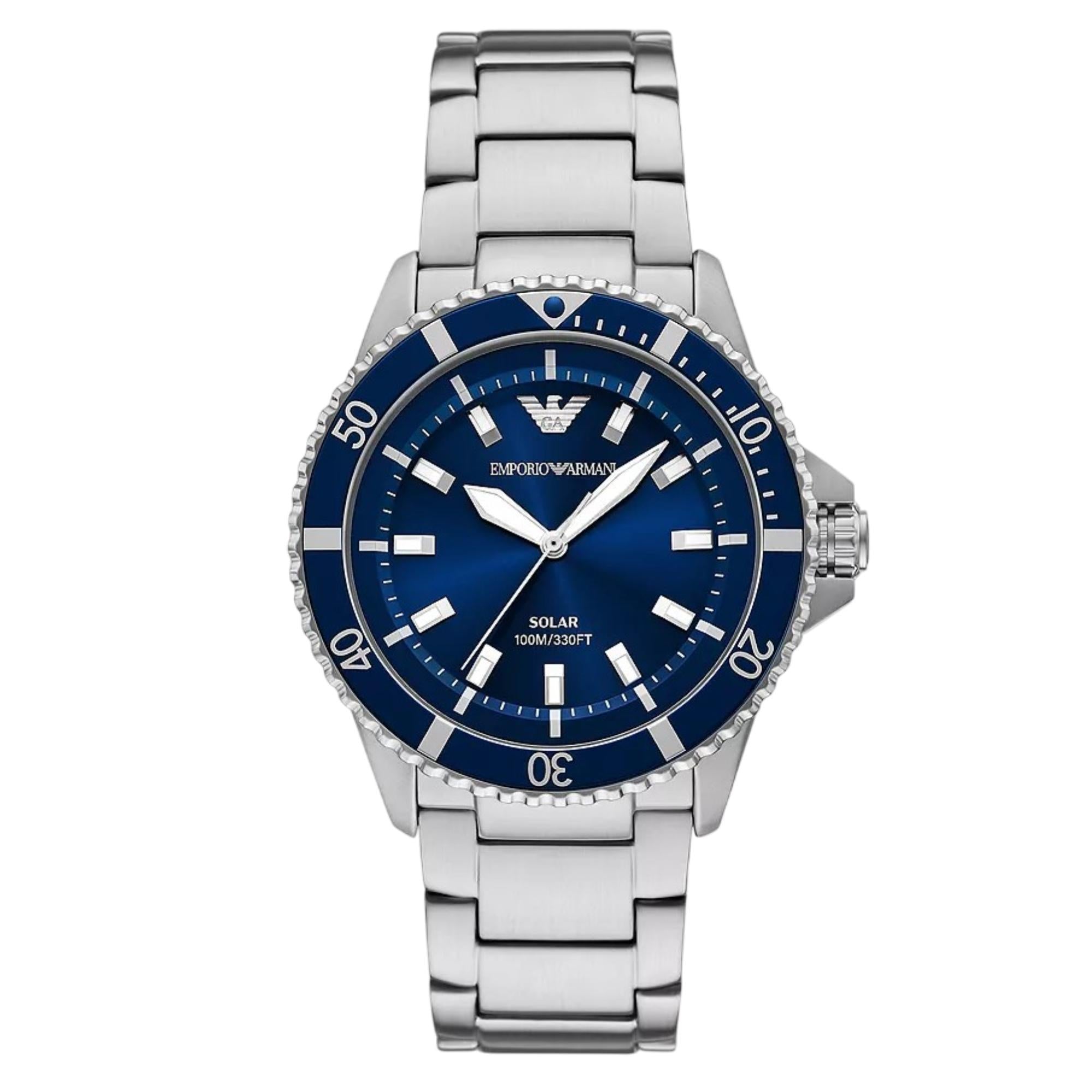 Emporio Armani World Explorer 42mm Blue Dial Steel Mens Solar Watch AR11697