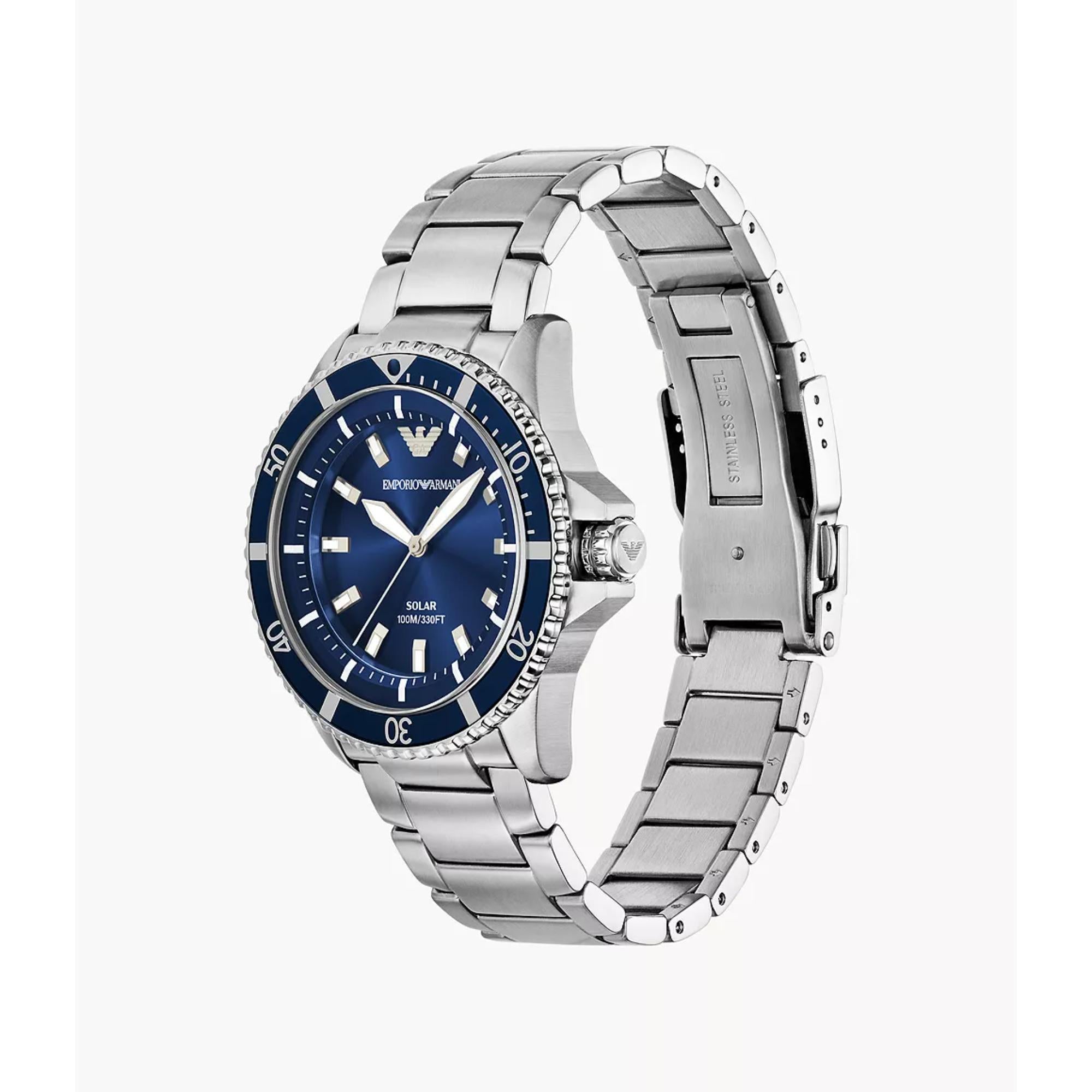 Emporio Armani World Explorer 42mm Blue Dial Steel Mens Solar Watch AR11697