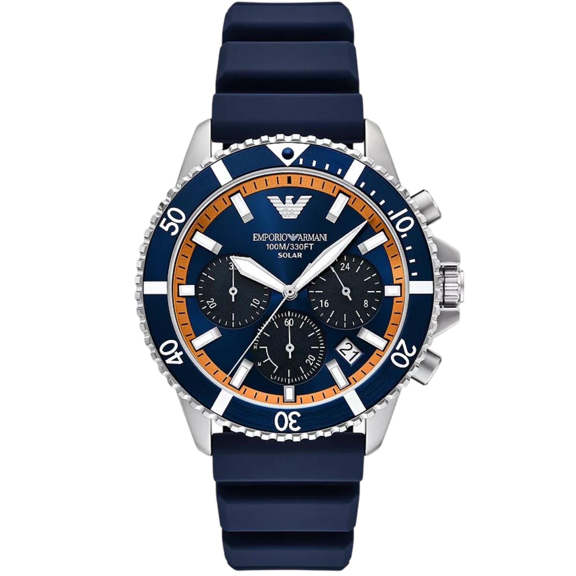 Emporio Armani World Explorer 43mm Chronograph Blue Dial Silicone Mens Solar Watch AR11696
