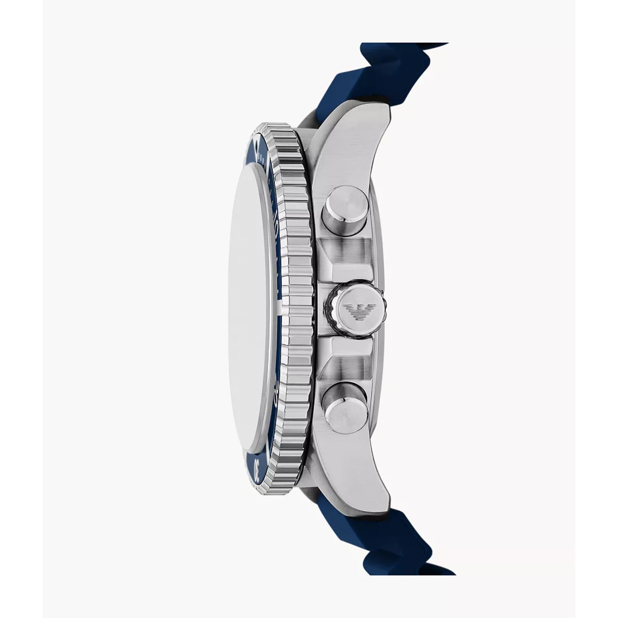 Emporio Armani World Explorer 43mm Chronograph Blue Dial Silicone Mens Solar Watch AR11696