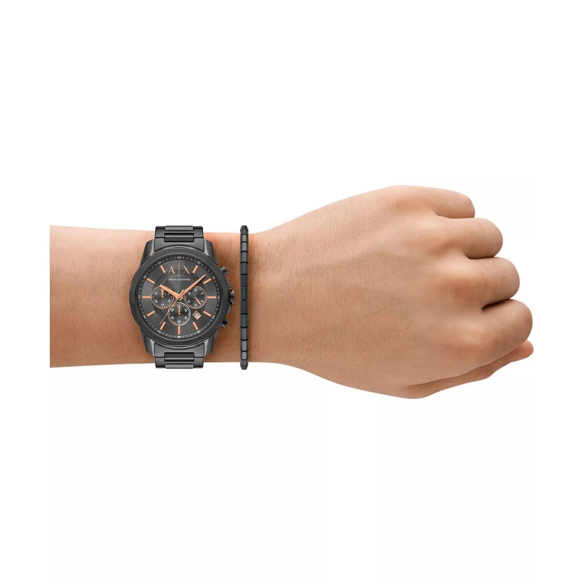 Armani Exchange Banks 44mm Chronograph Graues Zifferblatt Stahl Herren Quarz Uhr AX7170SET